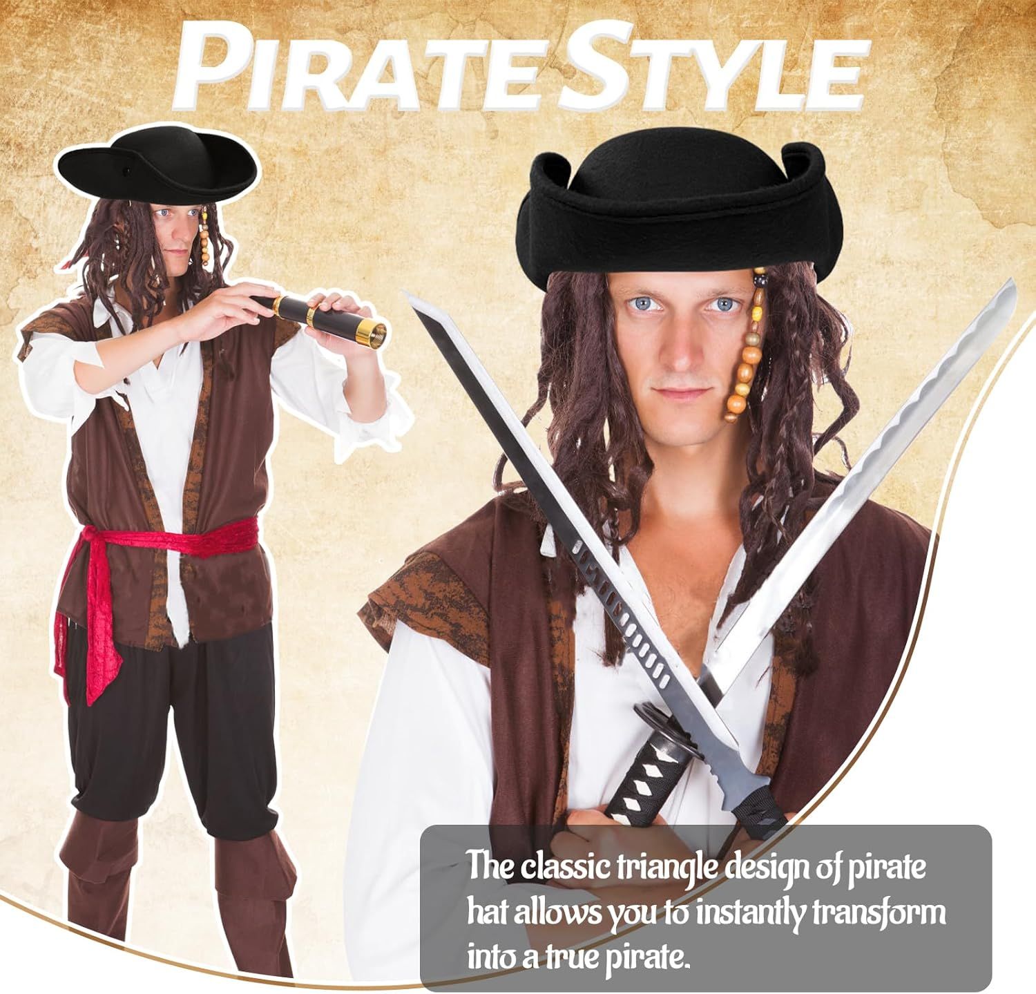 Pirate Hat for Men Women,Pirate Costume Accessories Hat,Colonial Triangle Hat for Halloween,Dress Up Party - Image 4