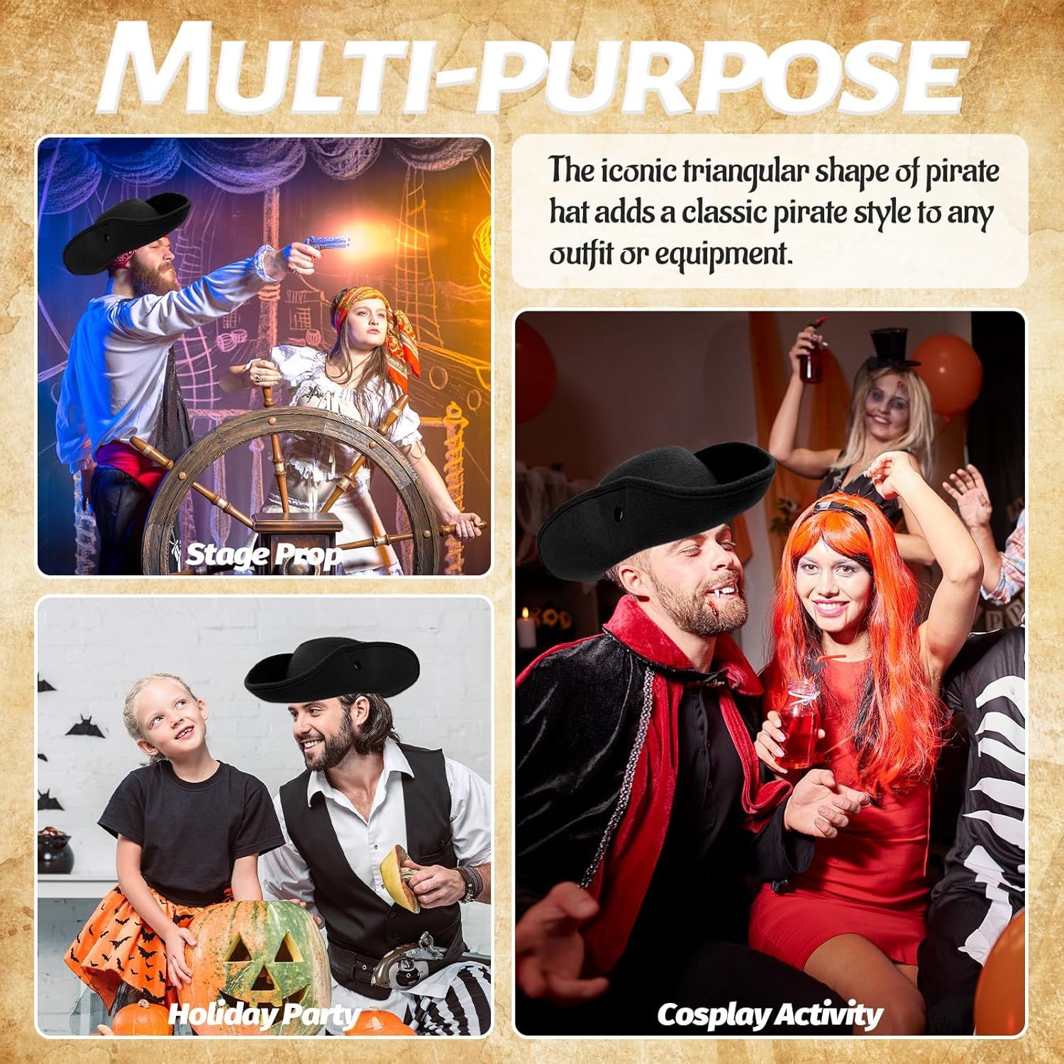 Pirate Hat for Men Women,Pirate Costume Accessories Hat,Colonial Triangle Hat for Halloween,Dress Up Party - Image 5