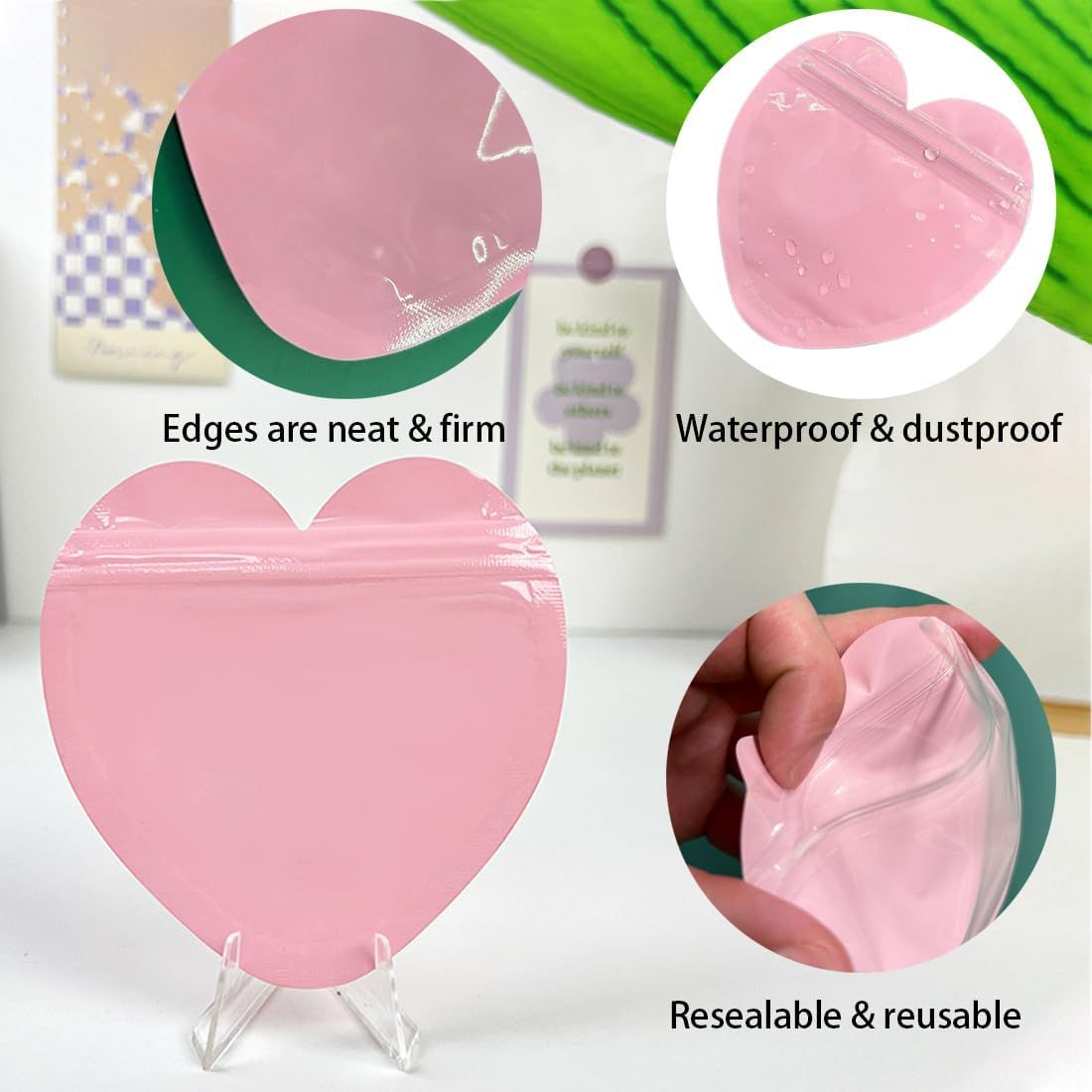 100pcs Pink Heart-Shaped Mylar Bags, 4