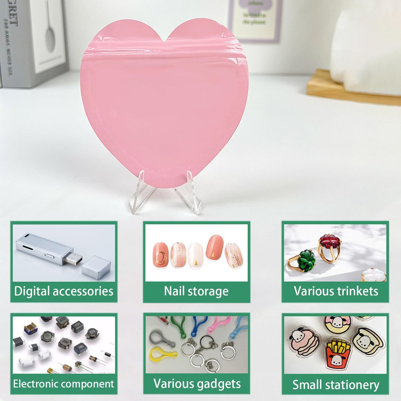 100pcs Pink Heart-Shaped Mylar Bags, 4