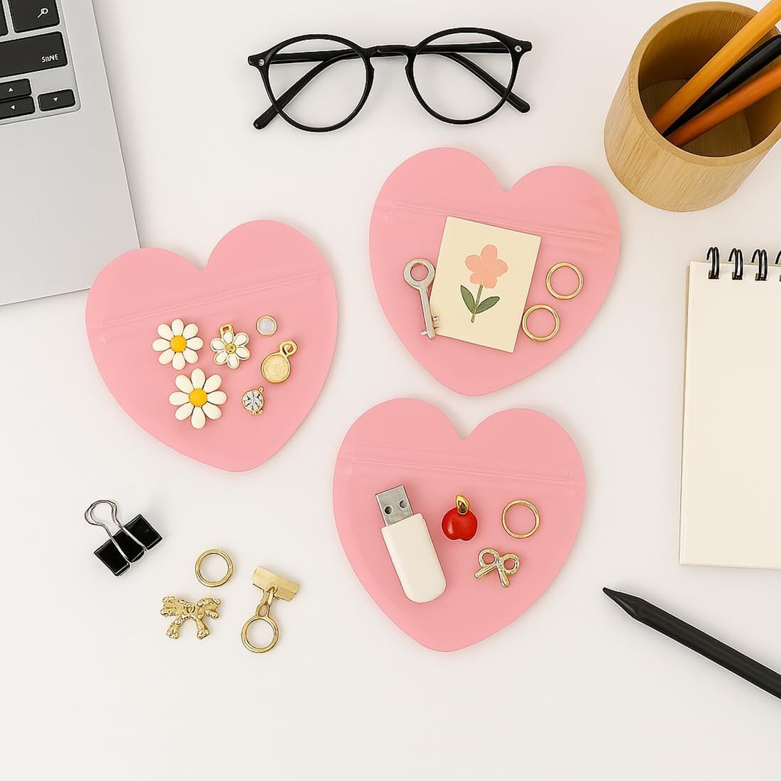 100pcs Pink Heart-Shaped Mylar Bags, 4