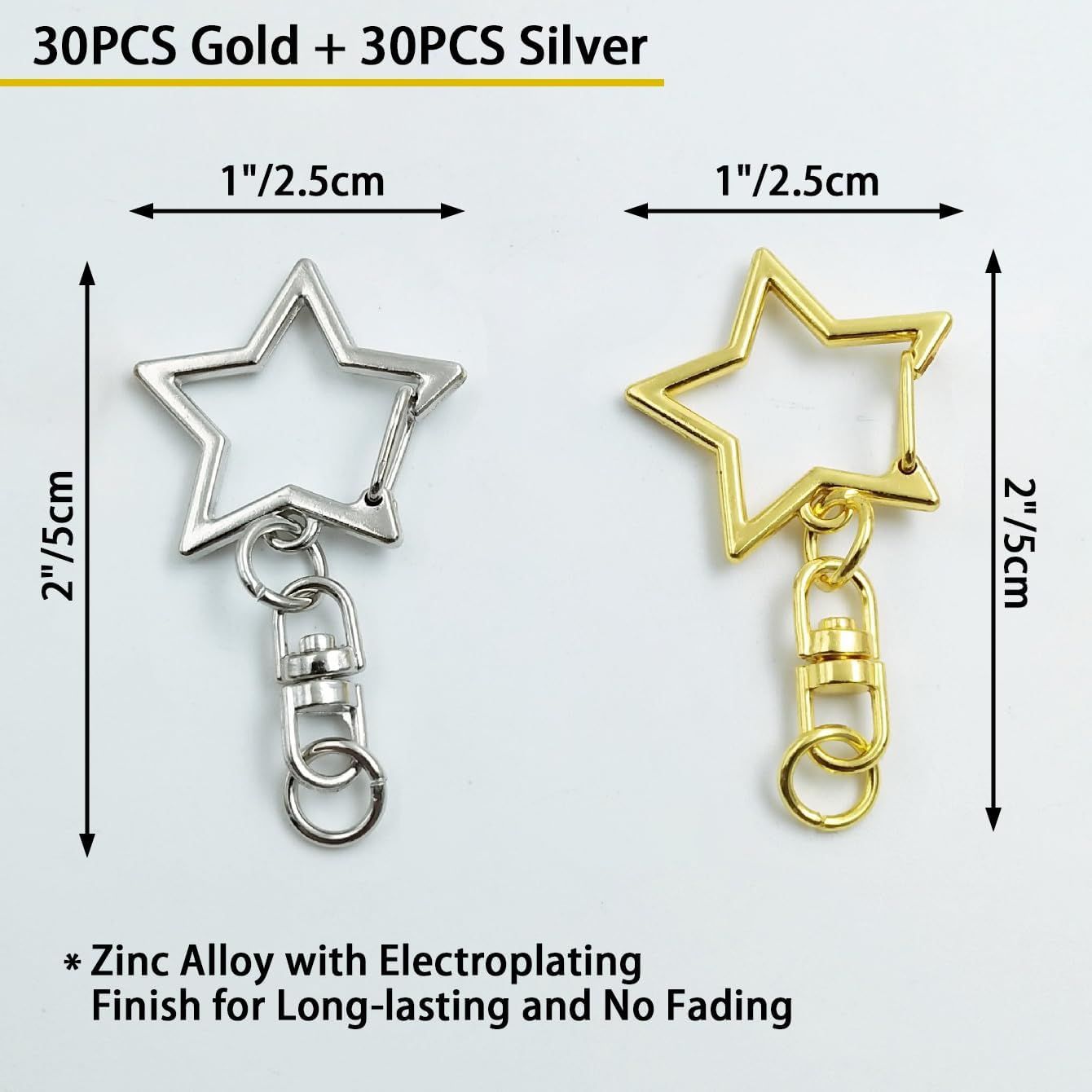60PCS Star Shaped Keychain, 2 Colors, Metal Hanging Buckle, Spring Snap Hook with Open Jump Ring Connector - Image 3