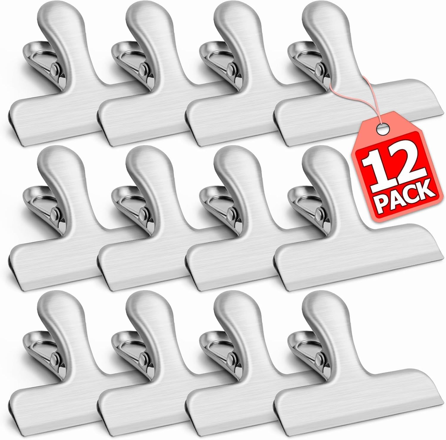 12 Pack Stainless Steel Chip Clips, Bag Clips for Food, Heavy Duty Snack Clip Metal Clip to Seal Coffee Bags, Ideal for Office and Kitchen Use, Binder Clip Large - 3 Inches, Silver - Image 1