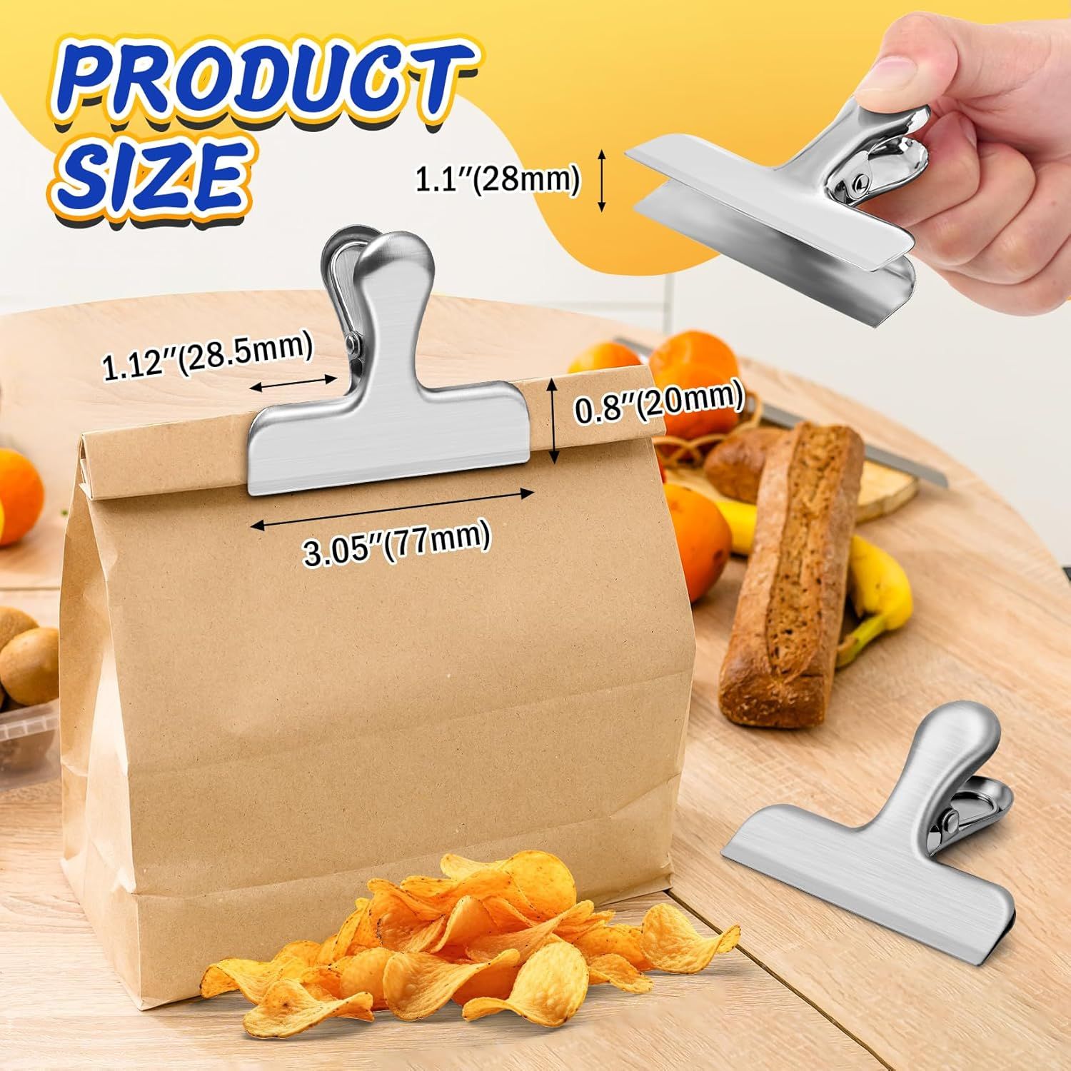 12 Pack Stainless Steel Chip Clips, Bag Clips for Food, Heavy Duty Snack Clip Metal Clip to Seal Coffee Bags, Ideal for Office and Kitchen Use, Binder Clip Large - 3 Inches, Silver - Image 3