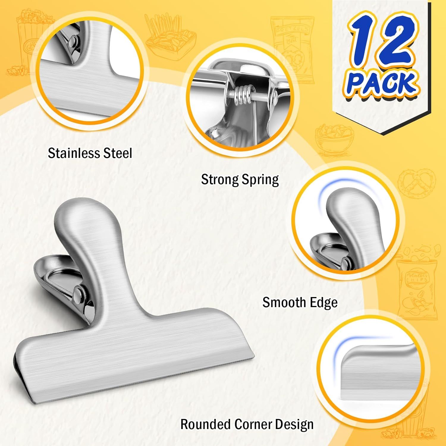 12 Pack Stainless Steel Chip Clips, Bag Clips for Food, Heavy Duty Snack Clip Metal Clip to Seal Coffee Bags, Ideal for Office and Kitchen Use, Binder Clip Large - 3 Inches, Silver - Image 4