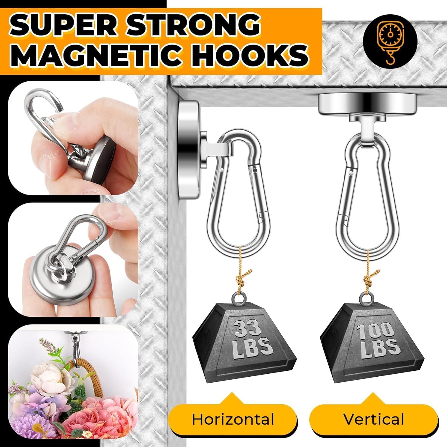 100Lbs Strong Magnetic Hooks, 4 Pack Neodymium Grade-52 Magnet Hooks Heavy Duty with Swivel Carabiner Hook for Hanging, Cruise, Garage, Refrigerator, Kitchen, Office, Home - Image 5