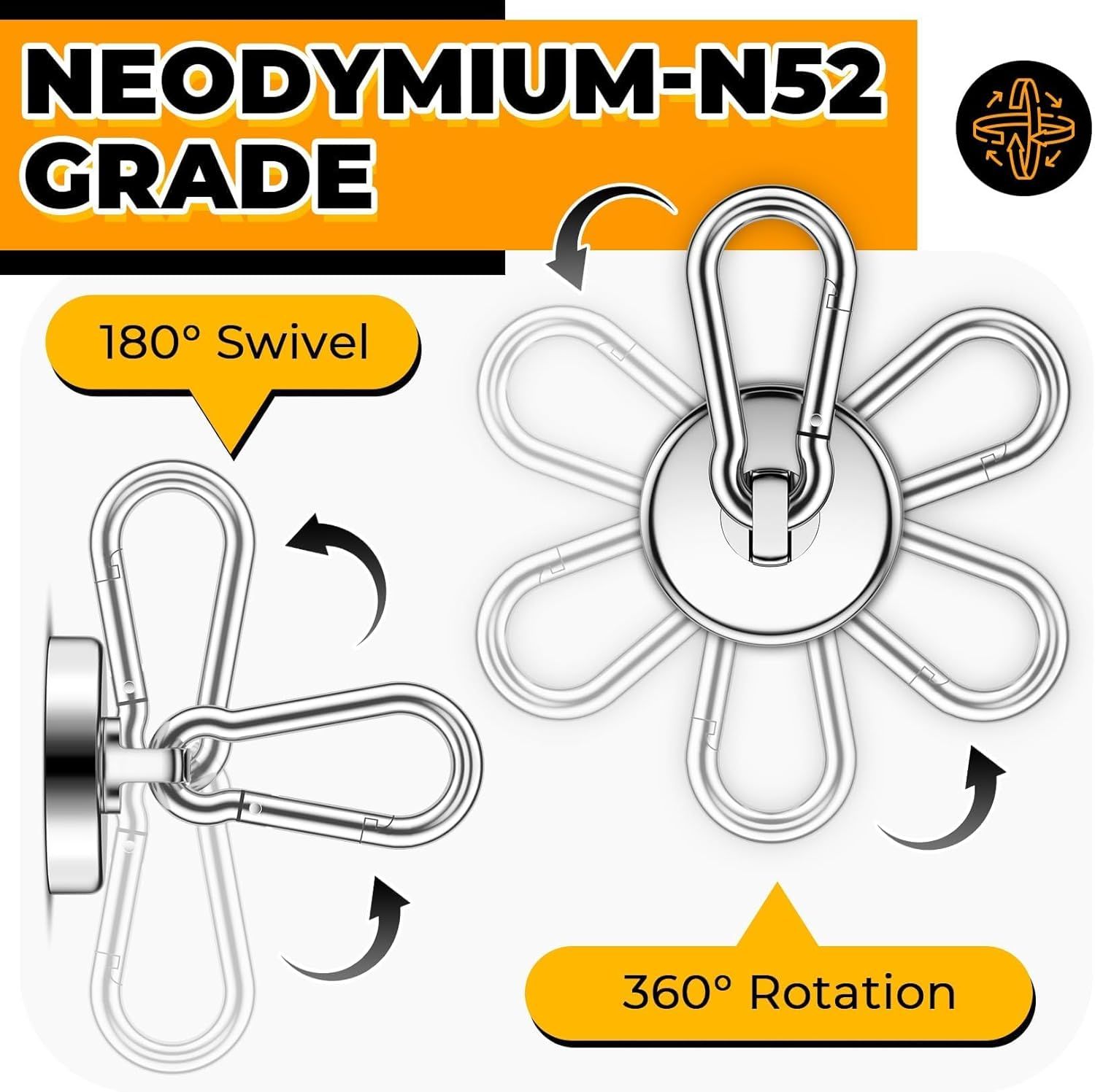 100Lbs Strong Magnetic Hooks, 4 Pack Neodymium Grade-52 Magnet Hooks Heavy Duty with Swivel Carabiner Hook for Hanging, Cruise, Garage, Refrigerator, Kitchen, Office, Home - Image 6