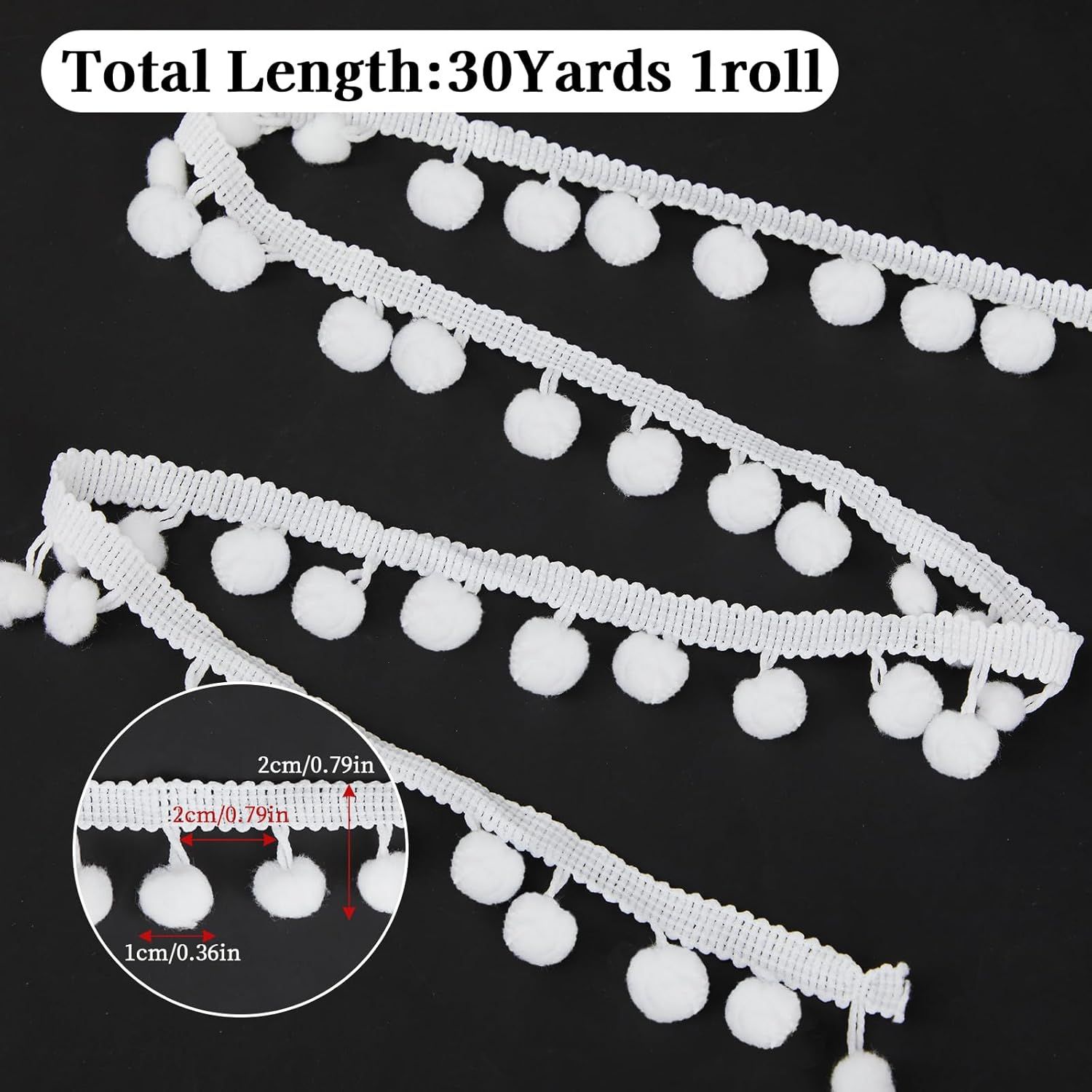 30 Yards Mini Pom Poms Trim Ribbon, 0.79