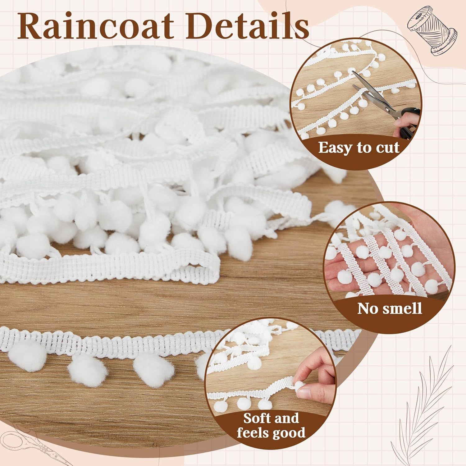 30 Yards Mini Pom Poms Trim Ribbon, 0.79