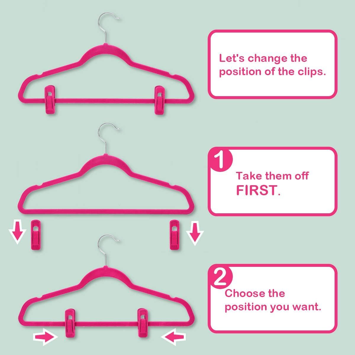 Hot Pink Velvet Hangers Clips, Pants Hangers Velvet Clips, Strong Finger Clips Perfect for Thin Velvet Hangers (20 Pcs, Hot Pink) - Image 3