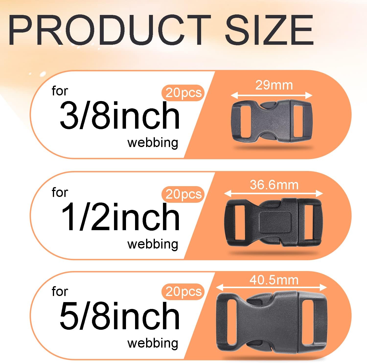 CooBigo 60 Pack Paracord Bracelets Buckles, 5/8, 1/2 and 3/8 Inch Contoured Paracord Buckles, Plastic Side Release Clasp for Parachute 550 Cord Bracelets Clasps Clip Dog Collar Accessories (20 Each) - Image 2