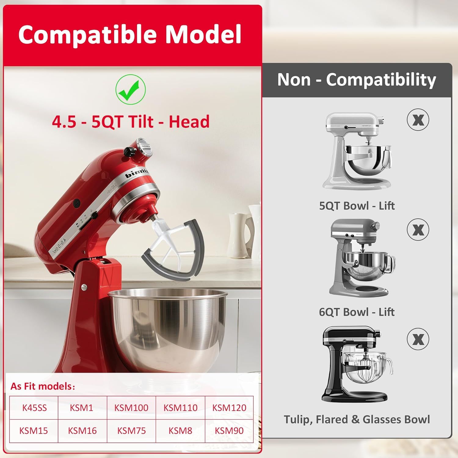 Flex Edge Beater for KitchenAid 4.5/5 Qt Tilt-Head Stand Mixer – Silicone Paddle, Dishwasher Safe, Flexible Silicone Edges Bowl Scraper For Kitchen Aid Accessories and Attachments (Grey) - Image 2