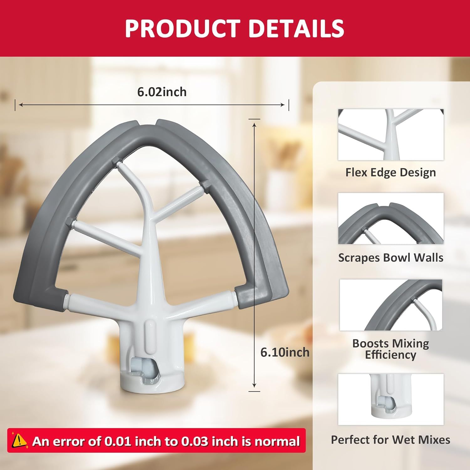 Flex Edge Beater for KitchenAid 4.5/5 Qt Tilt-Head Stand Mixer – Silicone Paddle, Dishwasher Safe, Flexible Silicone Edges Bowl Scraper For Kitchen Aid Accessories and Attachments (Grey) - Image 3