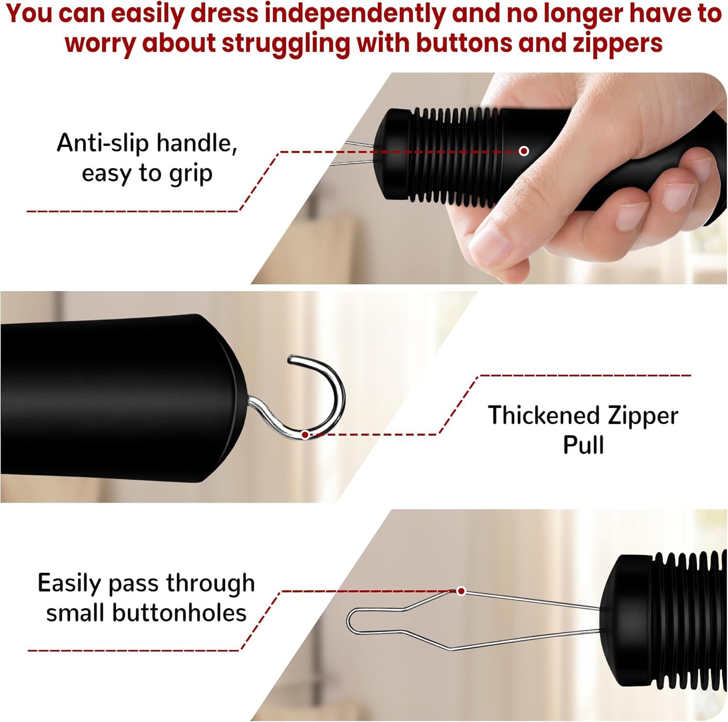 Button Hook with Zipper Pull, Button Assist Tool, Button Hook for Seniors, Disabled, Limited Hand Mobility, One Handed Button Helper Tool, Gifts for People with Disabilities, Easy to Use - Image 5
