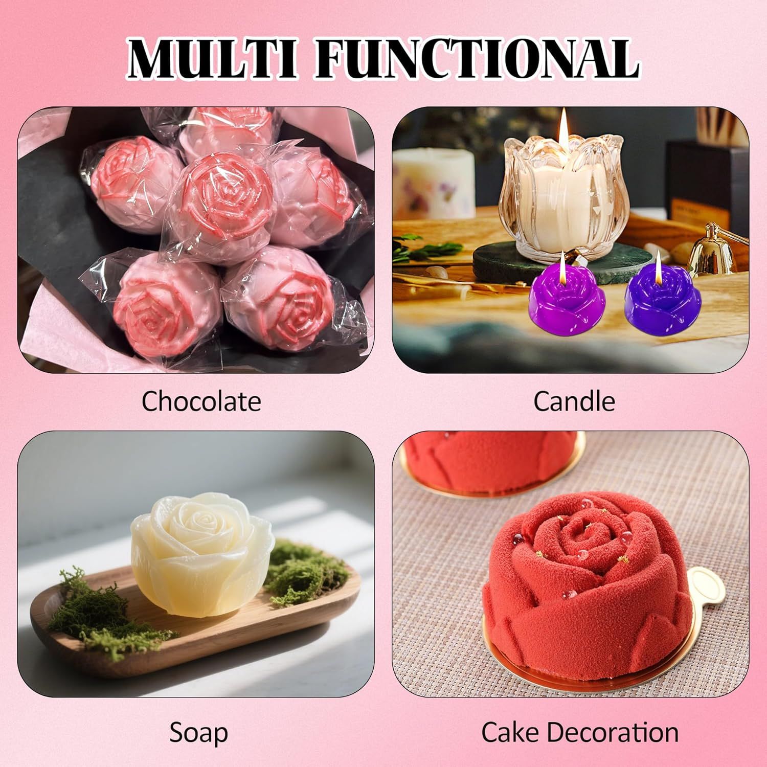 2 Pcs Rose Mold Silicone, Non-Stick Soap Molds, Reusable Heat-Resistant Flower Molds Silicone for Handmade Soap Making, Candy, Chocolate, Rose Ice Cube, Cake Decoration Jelly, Easy Release & Cleaning - Image 4