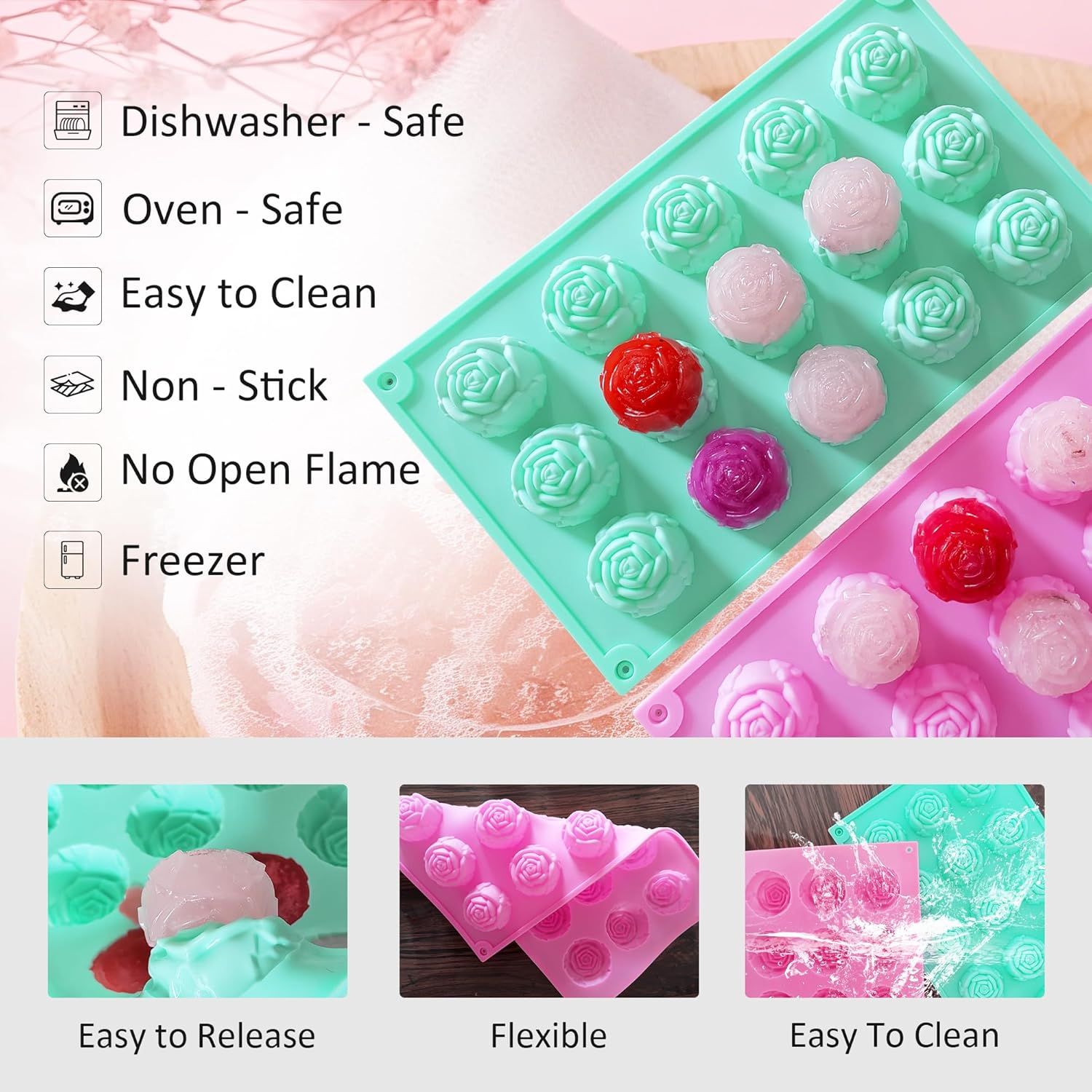 2 Pcs Rose Mold Silicone, Non-Stick Soap Molds, Reusable Heat-Resistant Flower Molds Silicone for Handmade Soap Making, Candy, Chocolate, Rose Ice Cube, Cake Decoration Jelly, Easy Release & Cleaning - Image 5