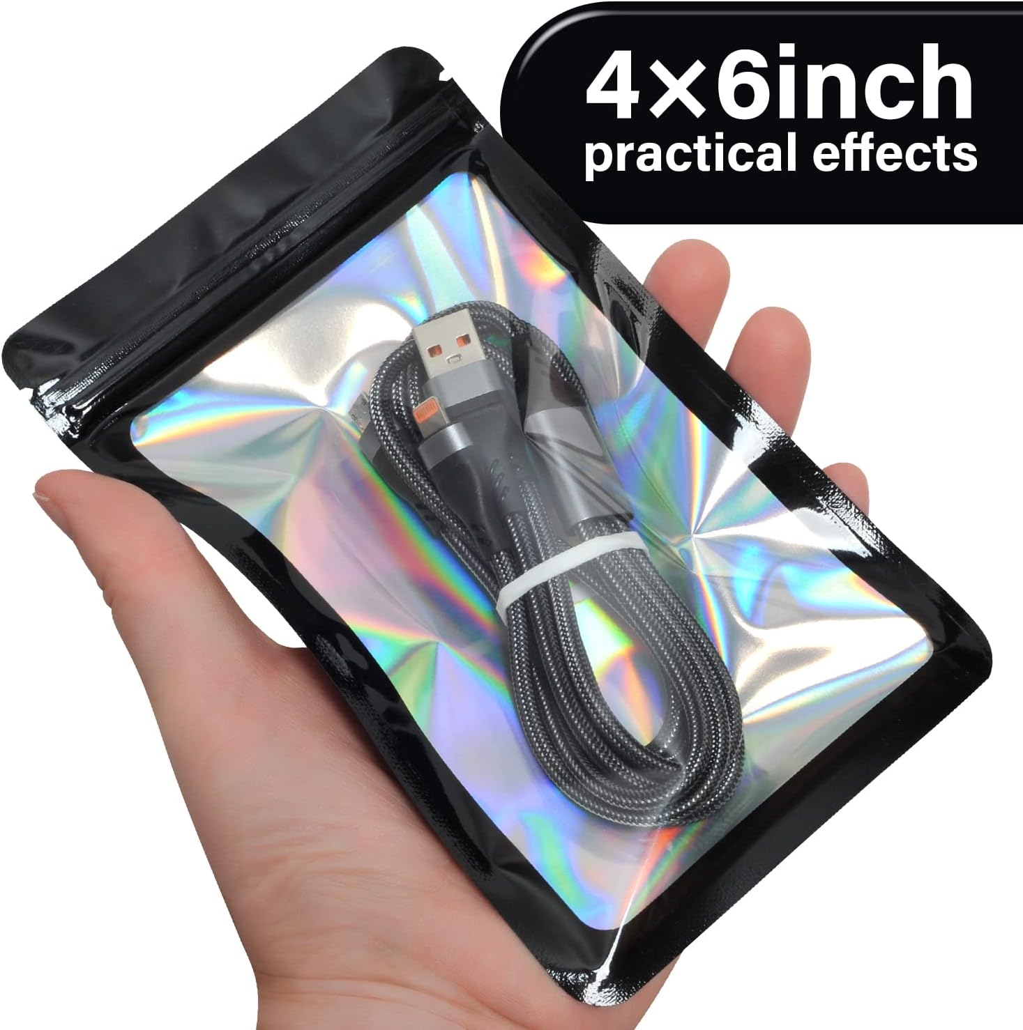 EONJOE 100-Pack 4×6 Inch Mylar Bags Resealable Holographic Packaging Bag Jewelry Candy Sample Food Treat Party Favor Small Bussiness Bags,Black - Image 3