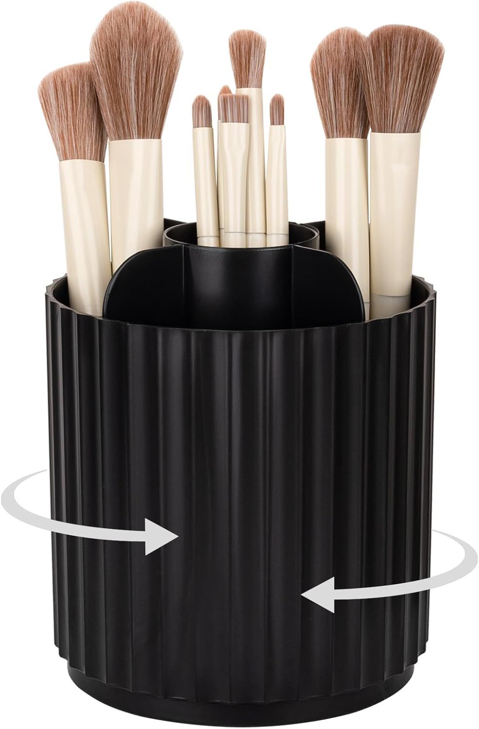 Makeup Brush Holder Organizer 360°Rotating Make Up Brushes Container for Vanity, Spinning Cosmetics Storage Cup, Stripe Black - Image 1
