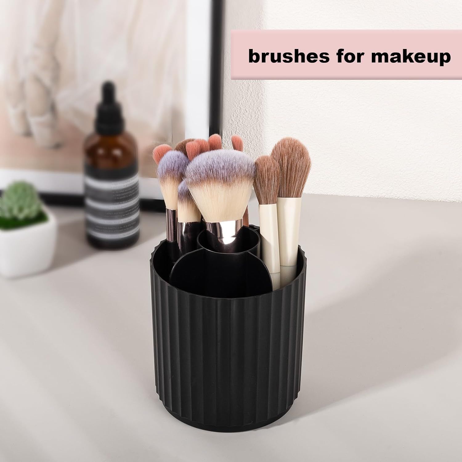 Makeup Brush Holder Organizer 360°Rotating Make Up Brushes Container for Vanity, Spinning Cosmetics Storage Cup, Stripe Black - Image 2