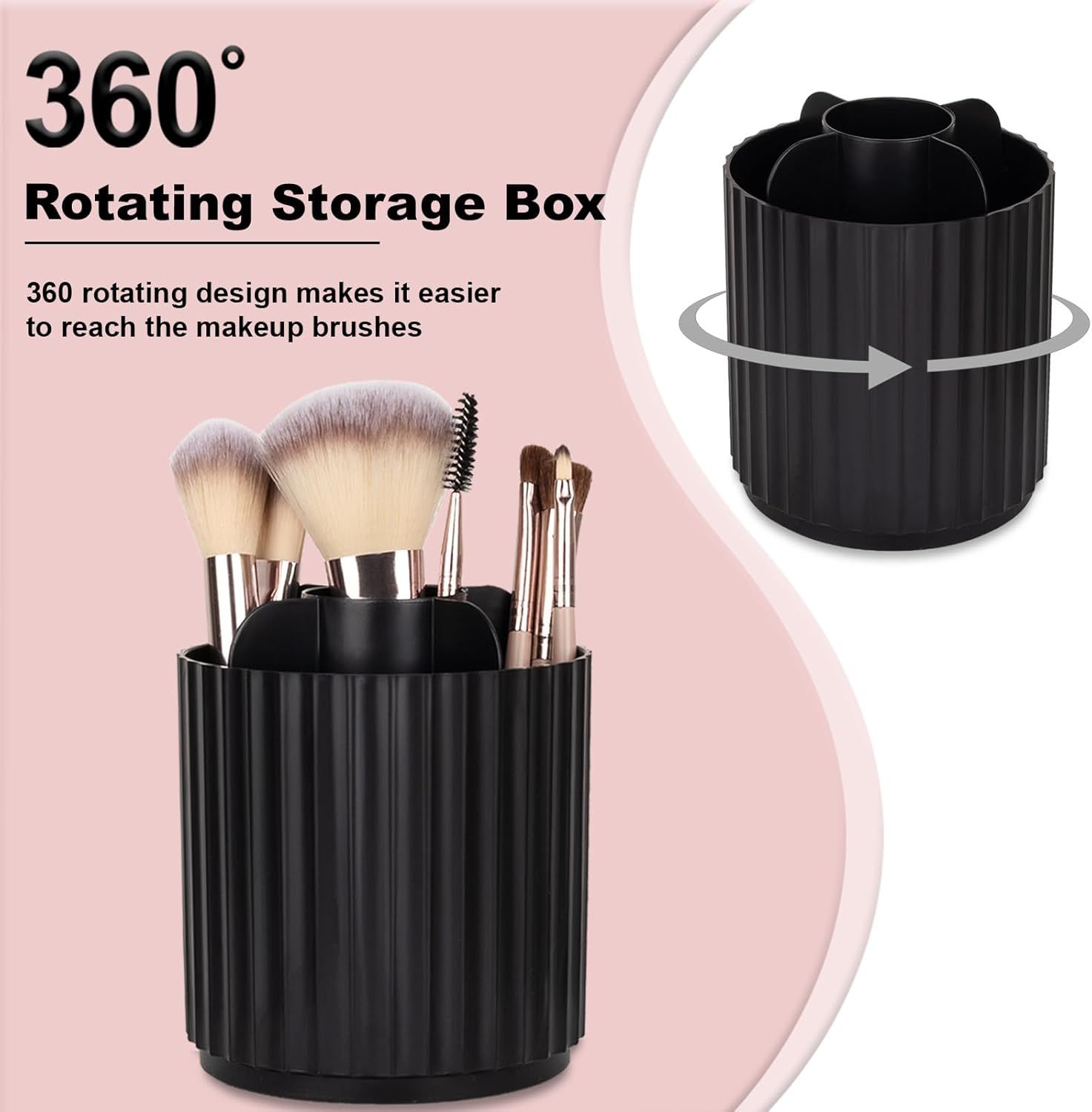 Makeup Brush Holder Organizer 360°Rotating Make Up Brushes Container for Vanity, Spinning Cosmetics Storage Cup, Stripe Black - Image 3