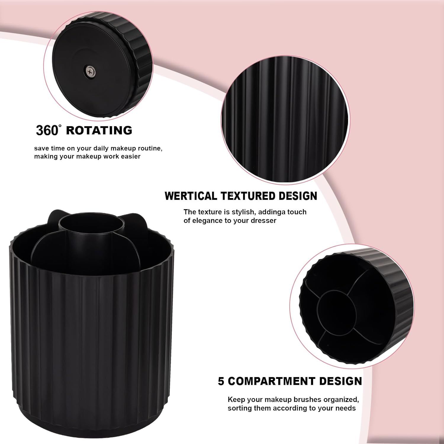 Makeup Brush Holder Organizer 360°Rotating Make Up Brushes Container for Vanity, Spinning Cosmetics Storage Cup, Stripe Black - Image 4