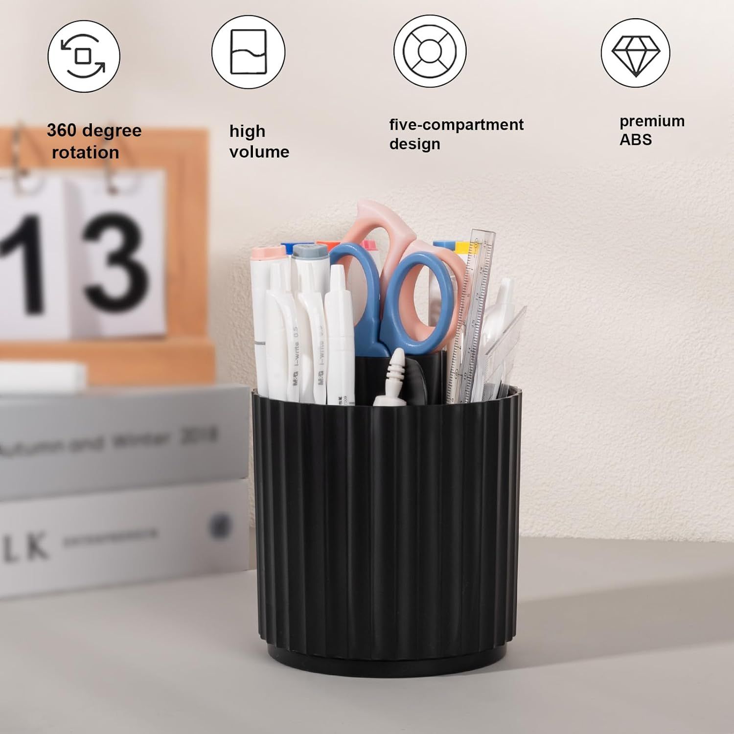Makeup Brush Holder Organizer 360°Rotating Make Up Brushes Container for Vanity, Spinning Cosmetics Storage Cup, Stripe Black - Image 5