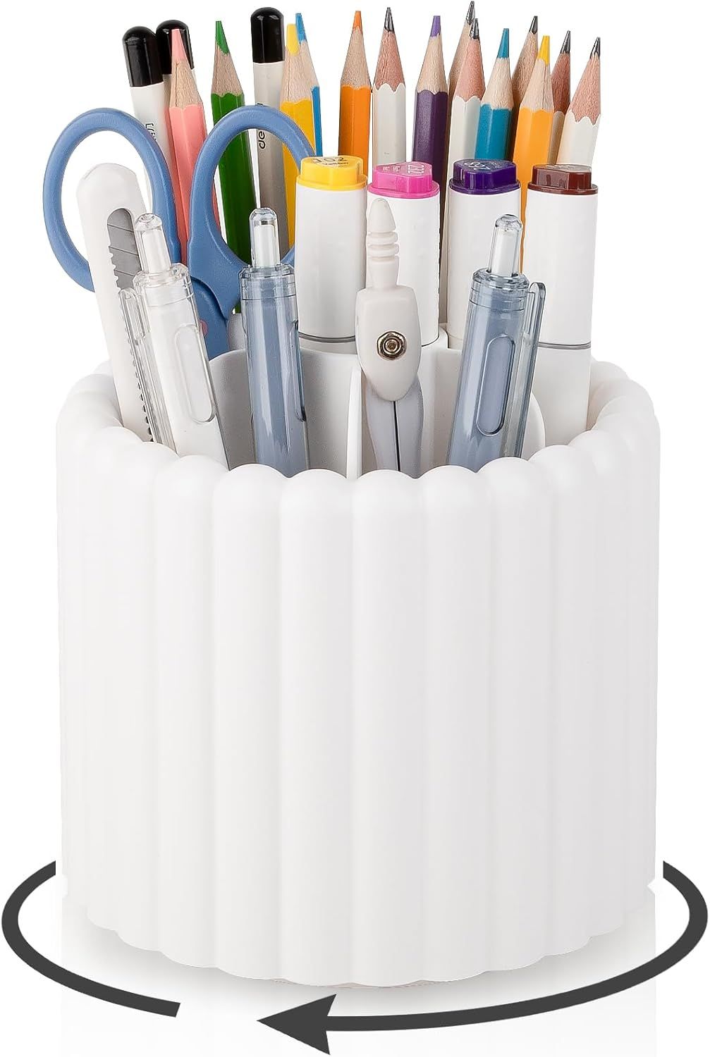 360° Rotating Pen Holder 7 Slots Desk Organizer Removable Pencil Cup Plastic Art Supplies and Accessories Desktop Storage Box Caddy for Office, School, Home (White) - Image 1