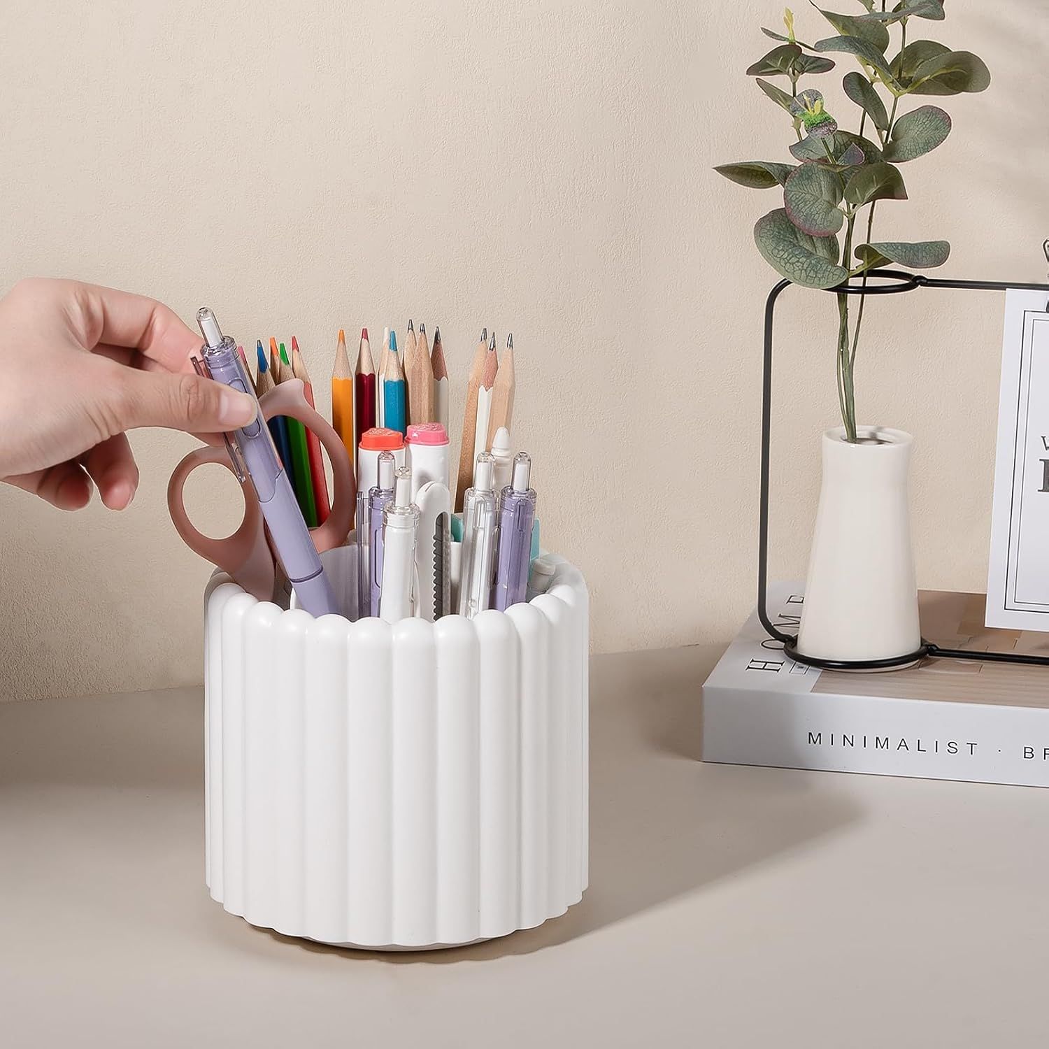 360° Rotating Pen Holder 7 Slots Desk Organizer Removable Pencil Cup Plastic Art Supplies and Accessories Desktop Storage Box Caddy for Office, School, Home (White) - Image 2