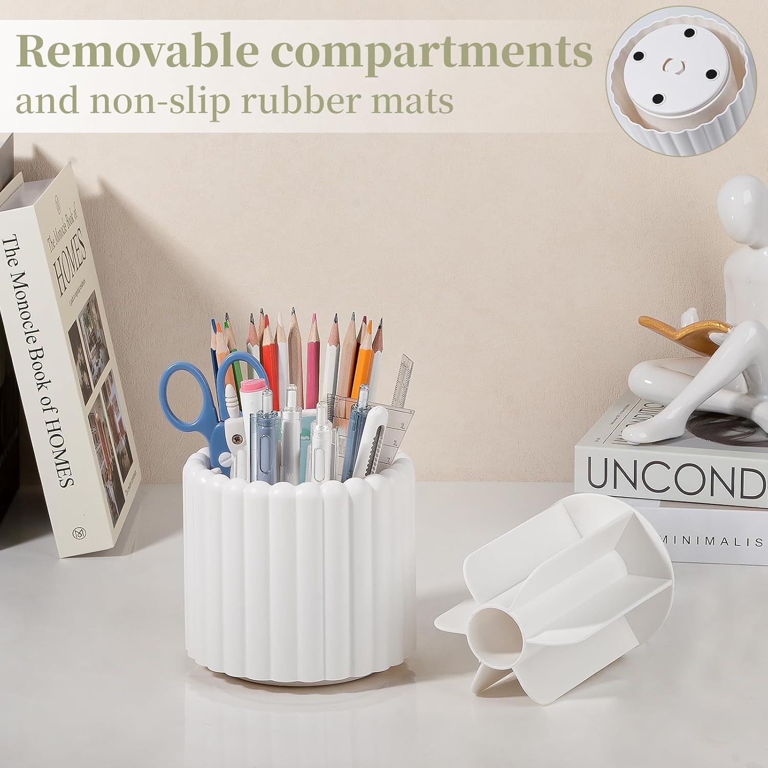 360° Rotating Pen Holder 7 Slots Desk Organizer Removable Pencil Cup Plastic Art Supplies and Accessories Desktop Storage Box Caddy for Office, School, Home (White) - Image 4