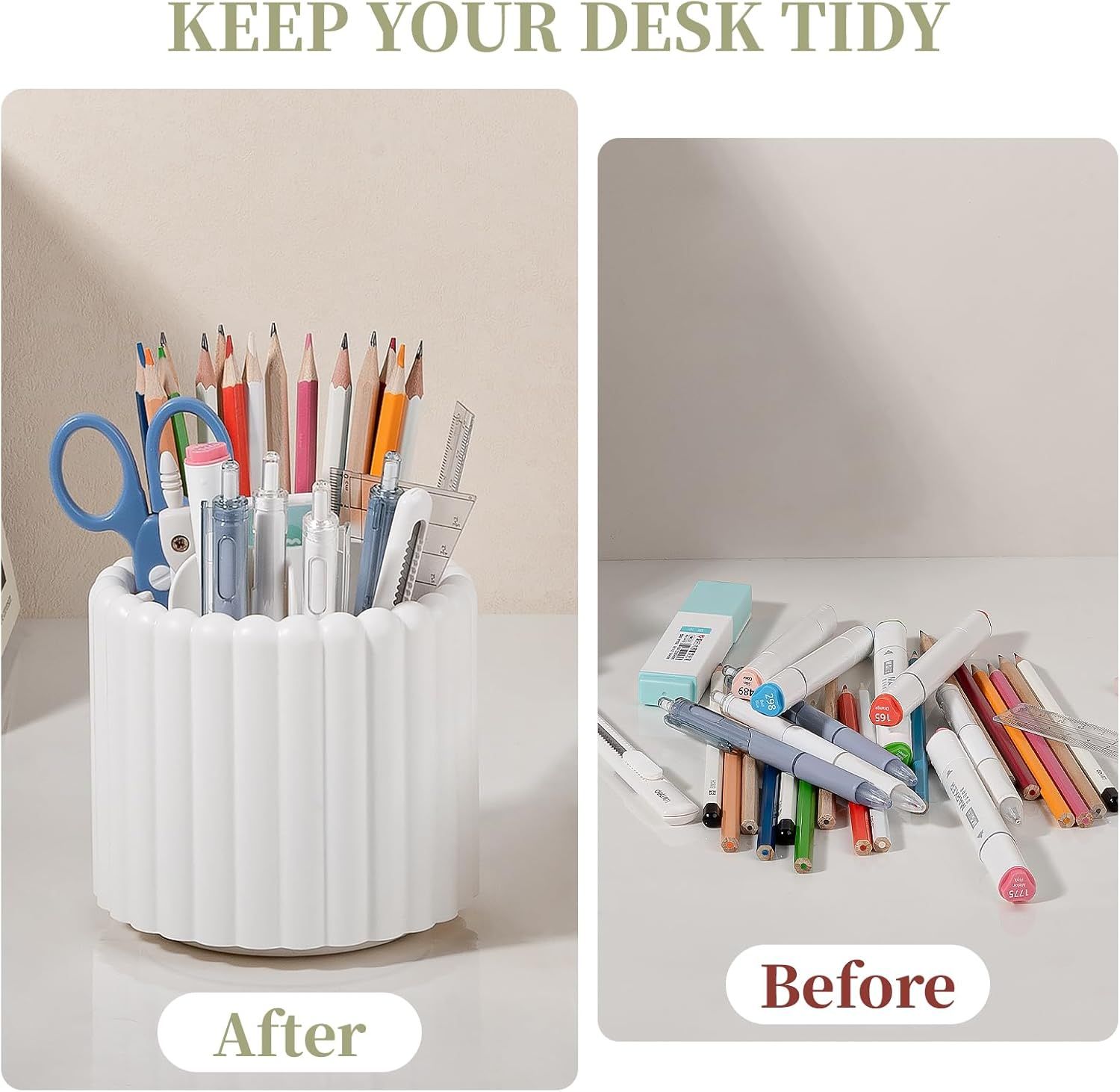 360° Rotating Pen Holder 7 Slots Desk Organizer Removable Pencil Cup Plastic Art Supplies and Accessories Desktop Storage Box Caddy for Office, School, Home (White) - Image 5
