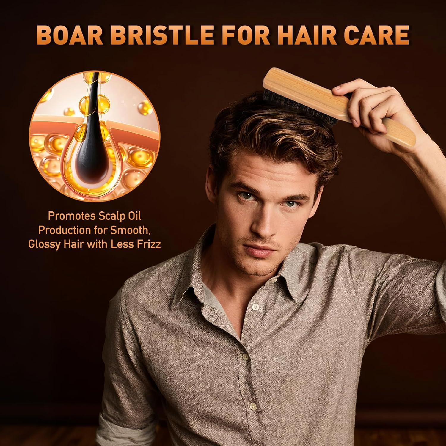 Boar Bristle Hair Brush for Men - Slick Back Hair Brush - Mens Hairbrush with Stiff Bristles & Wooden Handle, for Thick, Fine & Normal Hair Smoothing Styling Adding Shine, Beard Mustache Brush Comb - Image 2