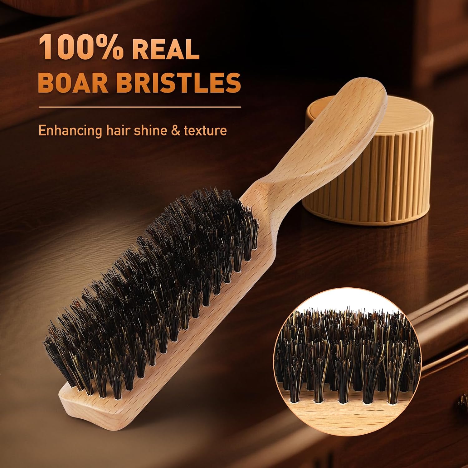 Boar Bristle Hair Brush for Men - Slick Back Hair Brush - Mens Hairbrush with Stiff Bristles & Wooden Handle, for Thick, Fine & Normal Hair Smoothing Styling Adding Shine, Beard Mustache Brush Comb - Image 3