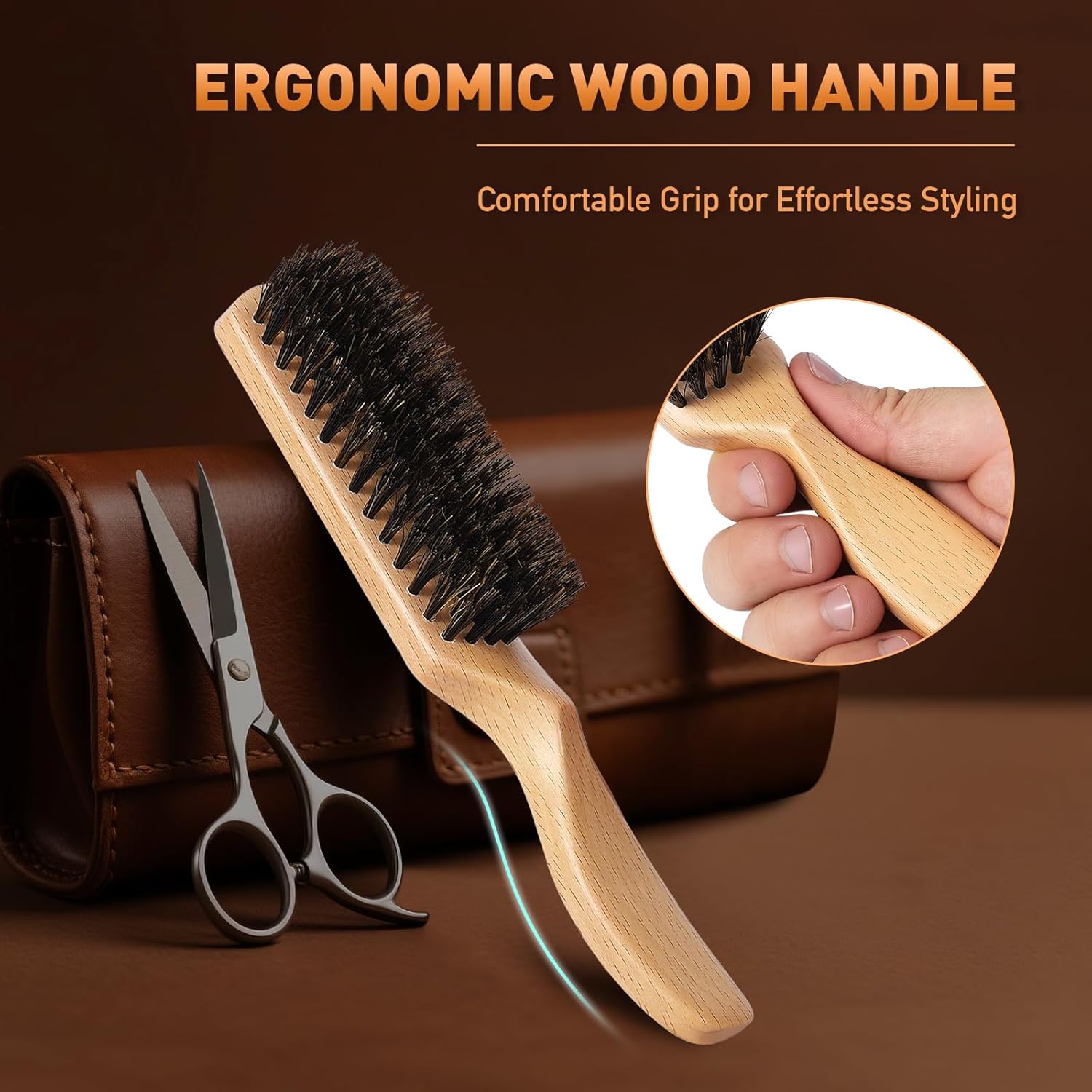 Boar Bristle Hair Brush for Men - Slick Back Hair Brush - Mens Hairbrush with Stiff Bristles & Wooden Handle, for Thick, Fine & Normal Hair Smoothing Styling Adding Shine, Beard Mustache Brush Comb - Image 4