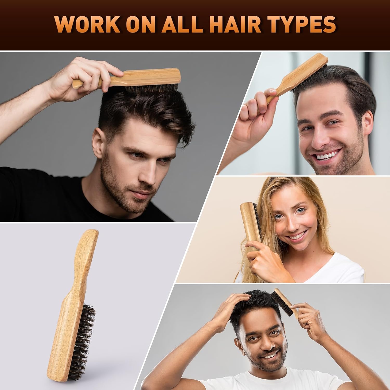 Boar Bristle Hair Brush for Men - Slick Back Hair Brush - Mens Hairbrush with Stiff Bristles & Wooden Handle, for Thick, Fine & Normal Hair Smoothing Styling Adding Shine, Beard Mustache Brush Comb - Image 5