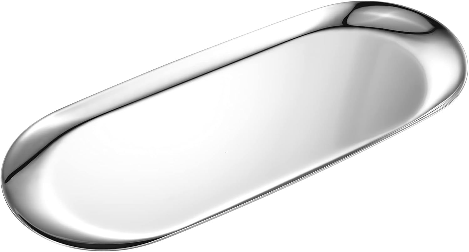 Silver Oval Vanity Tray, Stainless Steel Jewelry Tray, Bathroom Tray, Makeup Cosmetic Trays,Towel Napkin Tray,Storage Organizer,11.8 x 4.8 inches (L*W), Large - Image 1