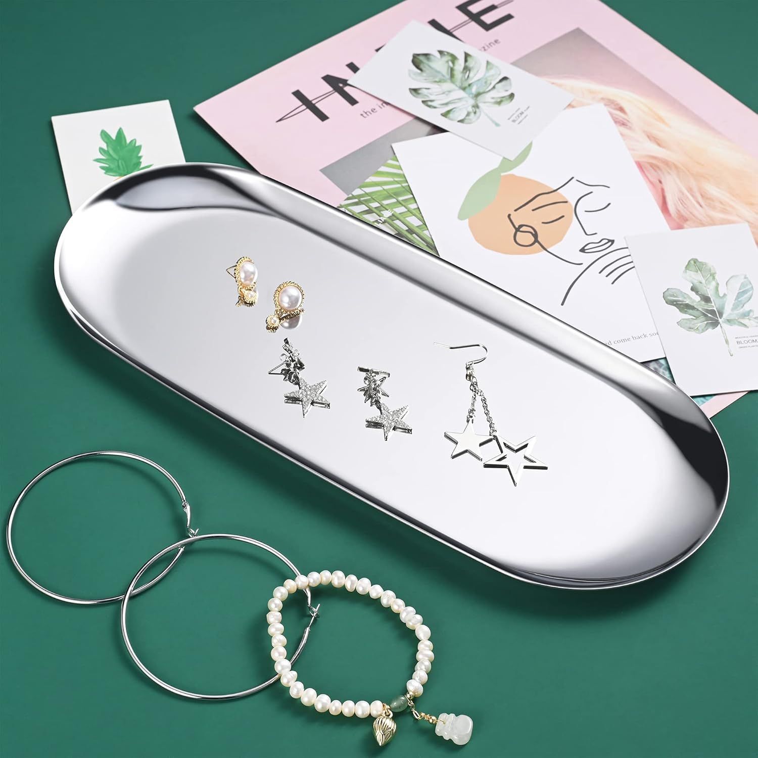 Silver Oval Vanity Tray, Stainless Steel Jewelry Tray, Bathroom Tray, Makeup Cosmetic Trays,Towel Napkin Tray,Storage Organizer,11.8 x 4.8 inches (L*W), Large - Image 2