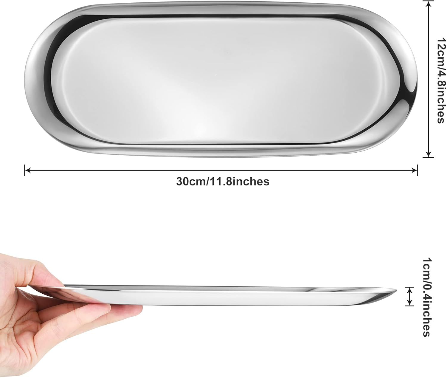 Silver Oval Vanity Tray, Stainless Steel Jewelry Tray, Bathroom Tray, Makeup Cosmetic Trays,Towel Napkin Tray,Storage Organizer,11.8 x 4.8 inches (L*W), Large - Image 3