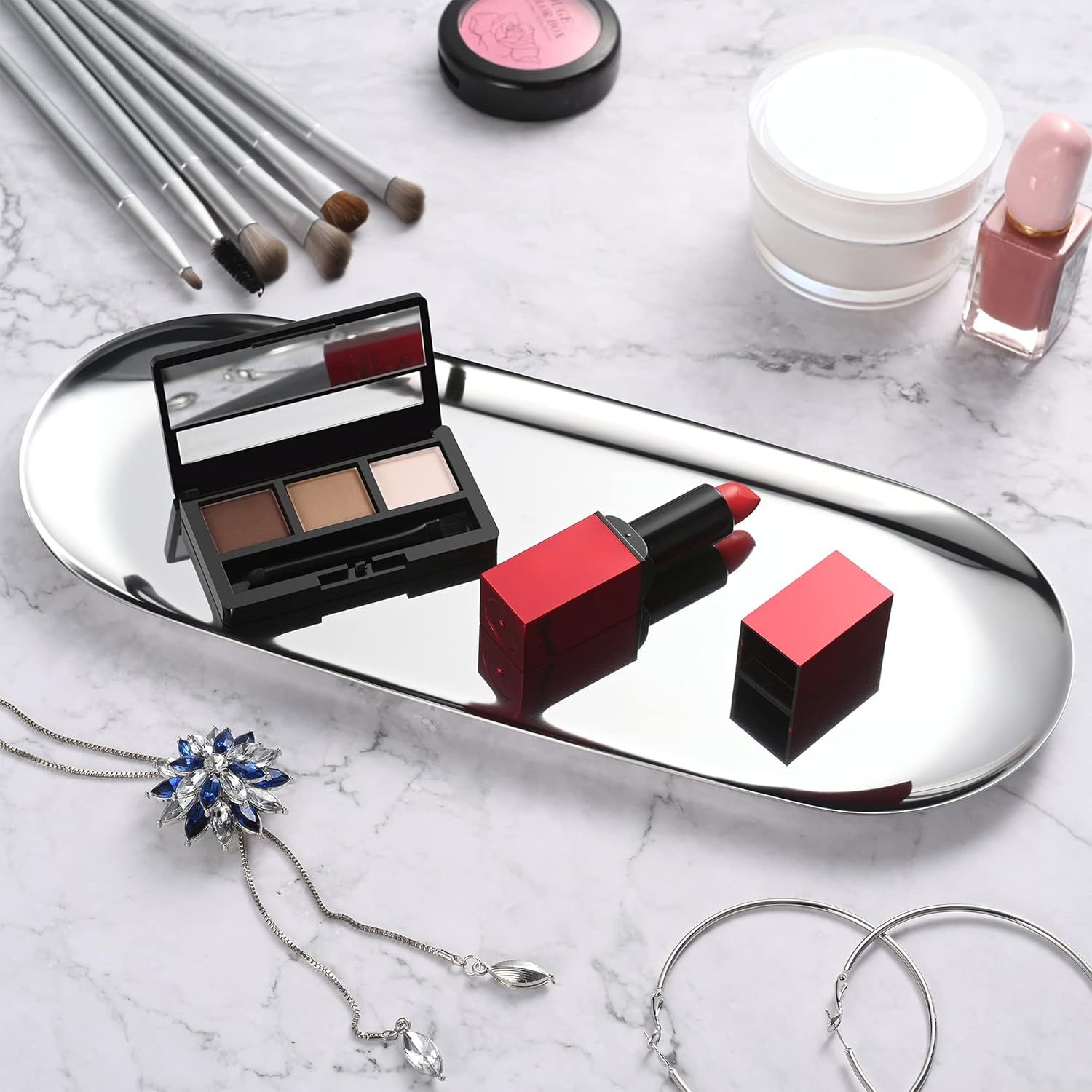 Silver Oval Vanity Tray, Stainless Steel Jewelry Tray, Bathroom Tray, Makeup Cosmetic Trays,Towel Napkin Tray,Storage Organizer,11.8 x 4.8 inches (L*W), Large - Image 5