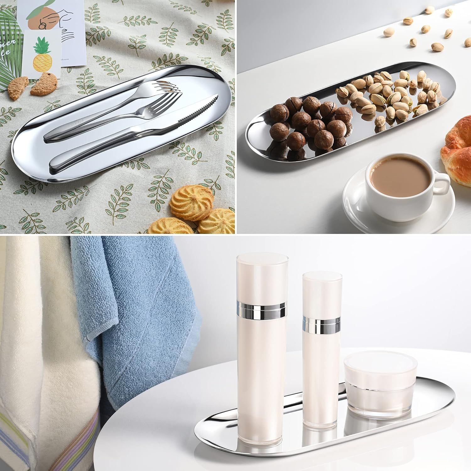 Silver Oval Vanity Tray, Stainless Steel Jewelry Tray, Bathroom Tray, Makeup Cosmetic Trays,Towel Napkin Tray,Storage Organizer,11.8 x 4.8 inches (L*W), Large - Image 6