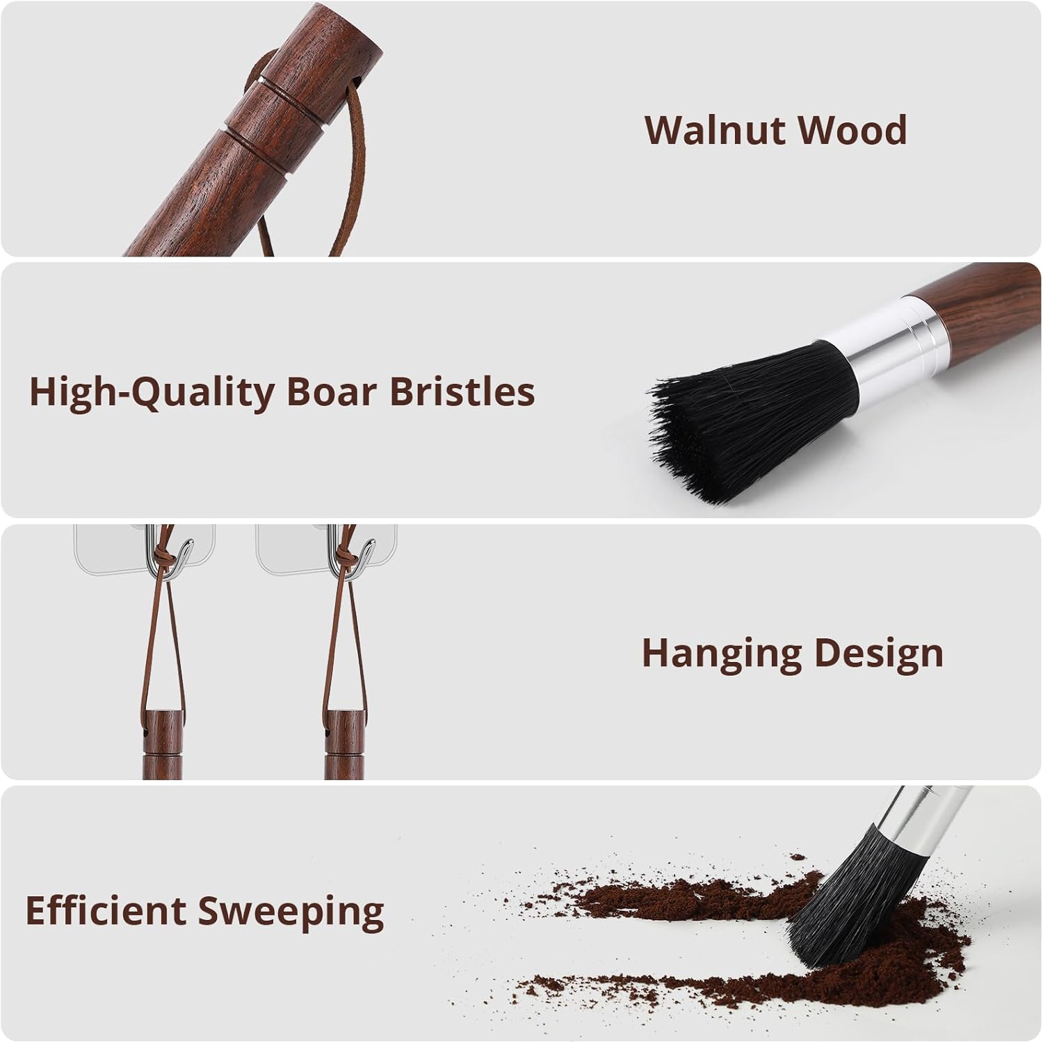 2-Pack Coffee Grinder Cleaning Brush with Natural Walnut Wood Handle and Black Boar Bristle, Coffee Bar Accessories Coffee Brush, Espresso Machine Cleaning Tool Barista Brush with Hanging Loop - Image 4