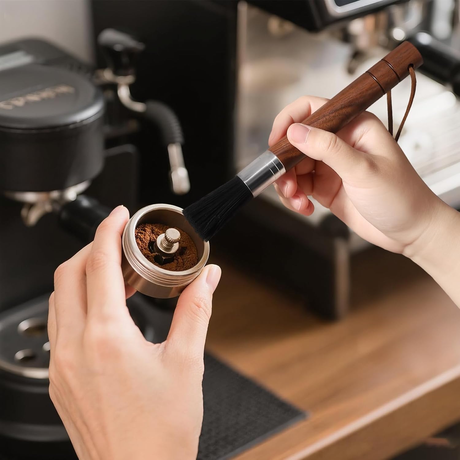2-Pack Coffee Grinder Cleaning Brush with Natural Walnut Wood Handle and Black Boar Bristle, Coffee Bar Accessories Coffee Brush, Espresso Machine Cleaning Tool Barista Brush with Hanging Loop - Image 5
