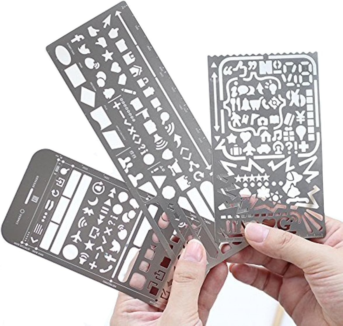 Yansanido Pack of 3 Stainless Steel Drawing Ruler, Painting Stencils, Scale Template Sets, Graphics Stencils, Number Template Ruler for Very Fine Pen Tip - Image 1