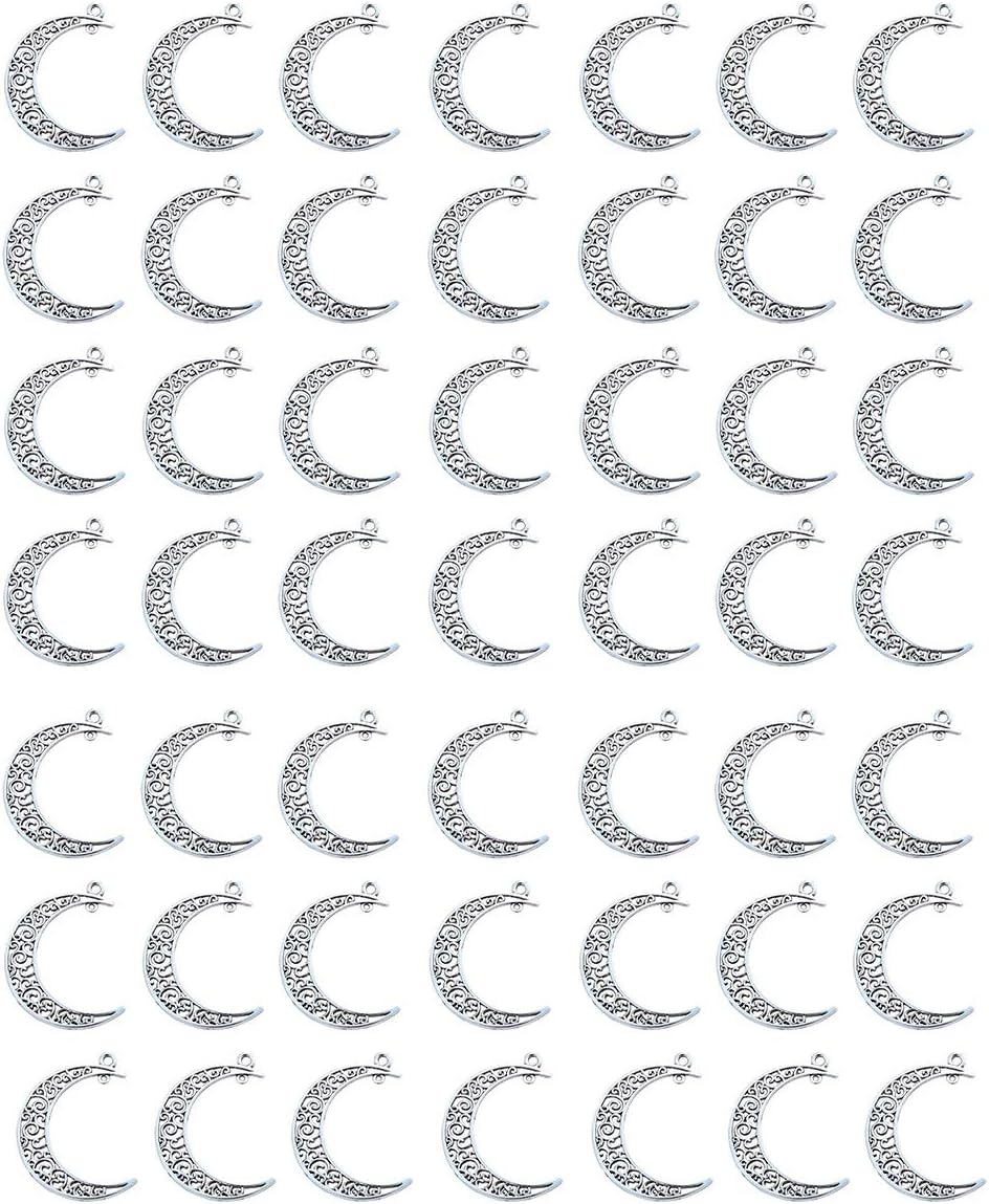 Yansanido Alloy Pack of 50 Moon Shape Silver Charms Pendants for Making Bracelet and Necklace (Moon 50pcs Silver) - Image 1