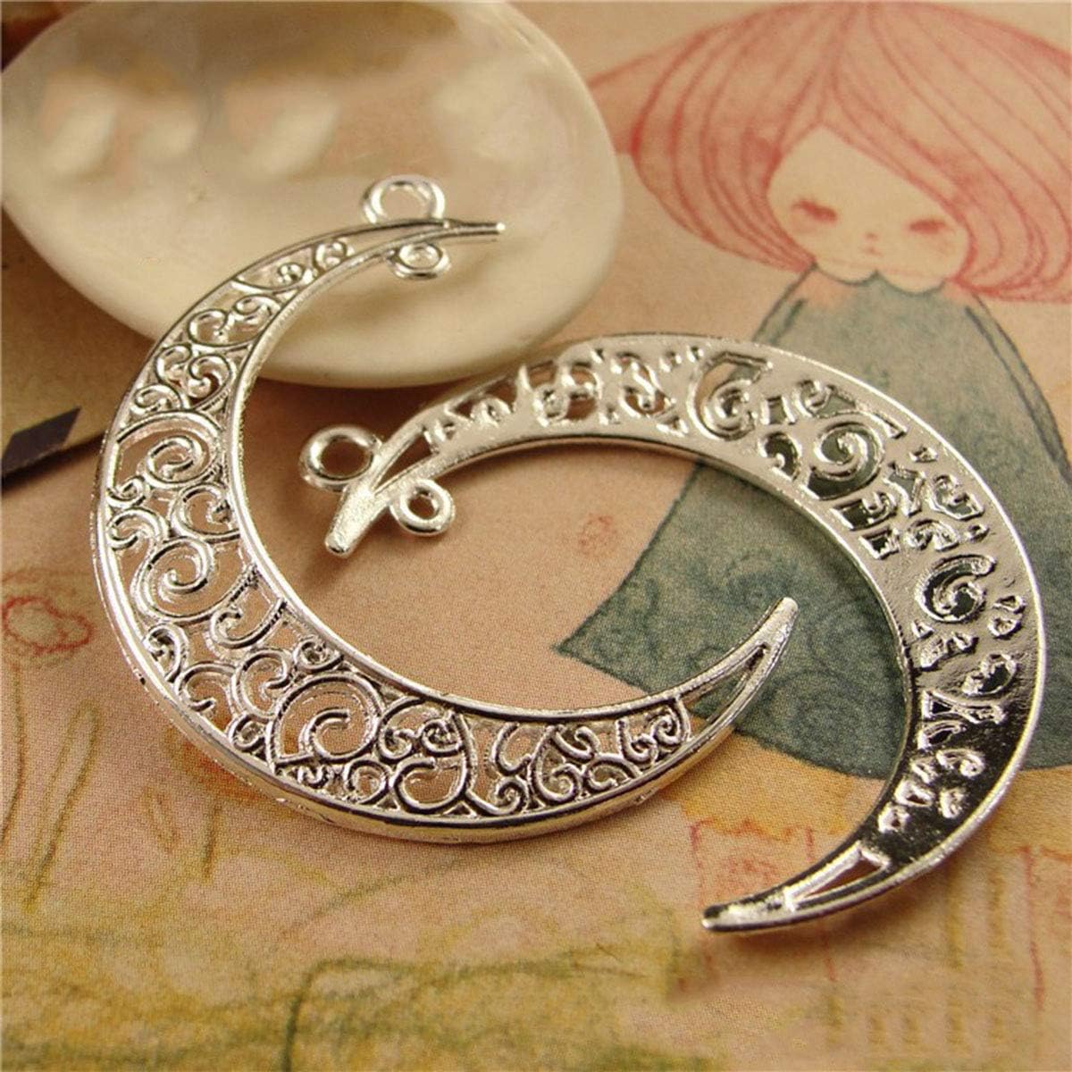 Yansanido Alloy Pack of 50 Moon Shape Silver Charms Pendants for Making Bracelet and Necklace (Moon 50pcs Silver) - Image 5