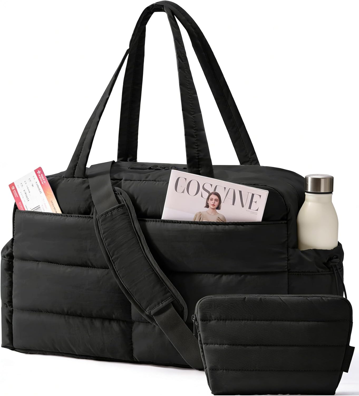 Gym Bag for Women, Lightweight Puffer Duffle Bag 2-PC Travel Bag, 31L Weekender Overnight Bag Quilted Carry On Tote Bag, Diaper Hospital Dance bag for Travel, Gym, Water Resistant, Black - Image 1