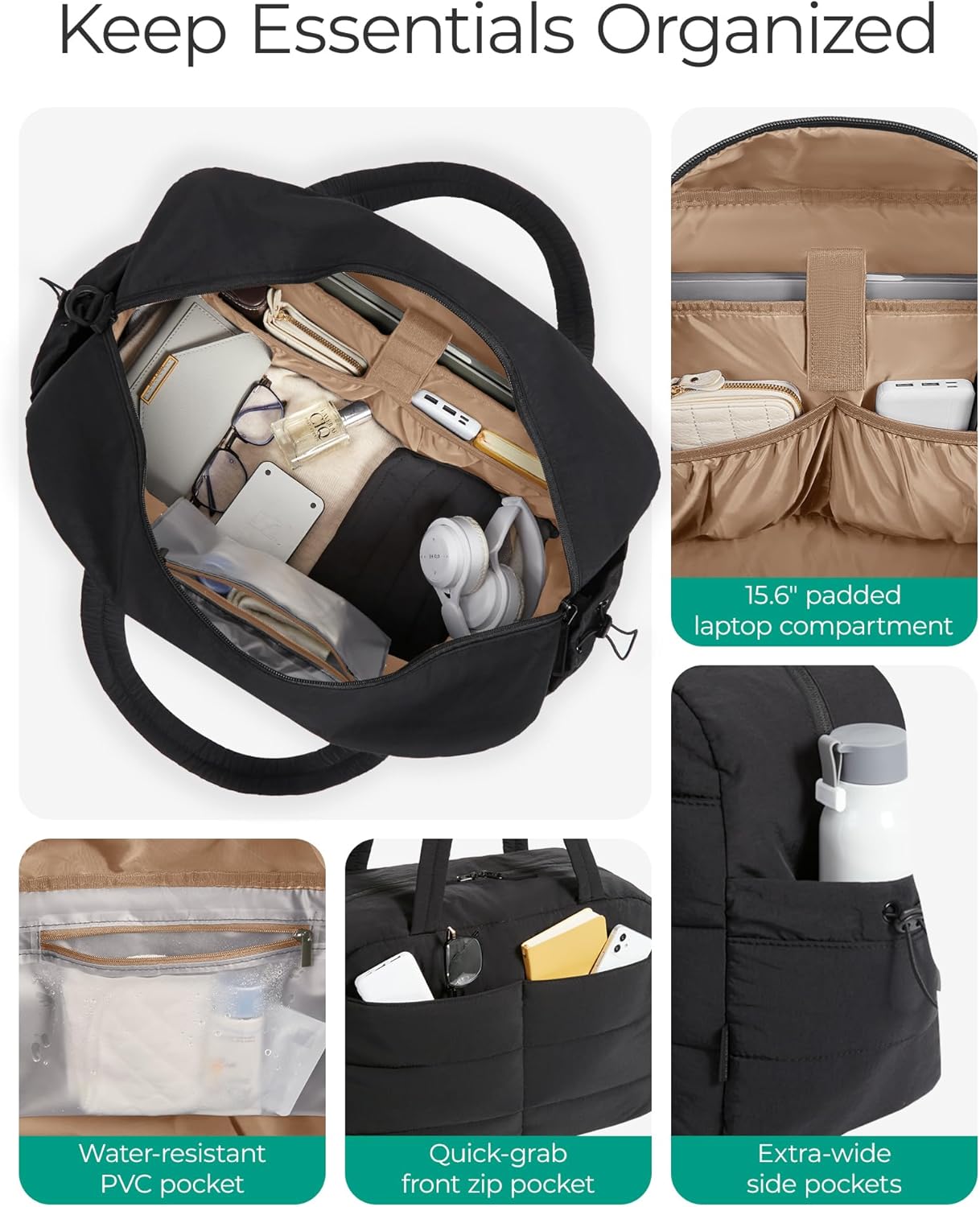 Gym Bag for Women, Lightweight Puffer Duffle Bag 2-PC Travel Bag, 31L Weekender Overnight Bag Quilted Carry On Tote Bag, Diaper Hospital Dance bag for Travel, Gym, Water Resistant, Black - Image 3