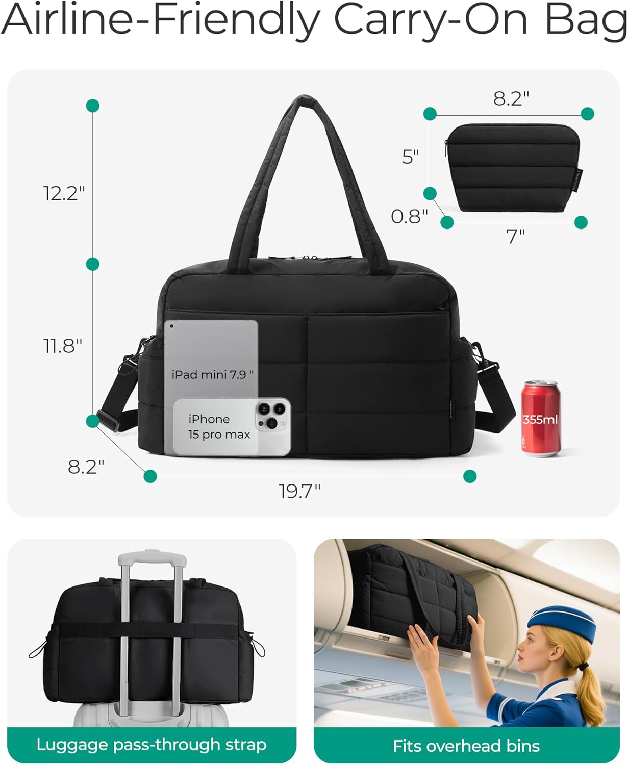 Gym Bag for Women, Lightweight Puffer Duffle Bag 2-PC Travel Bag, 31L Weekender Overnight Bag Quilted Carry On Tote Bag, Diaper Hospital Dance bag for Travel, Gym, Water Resistant, Black - Image 4