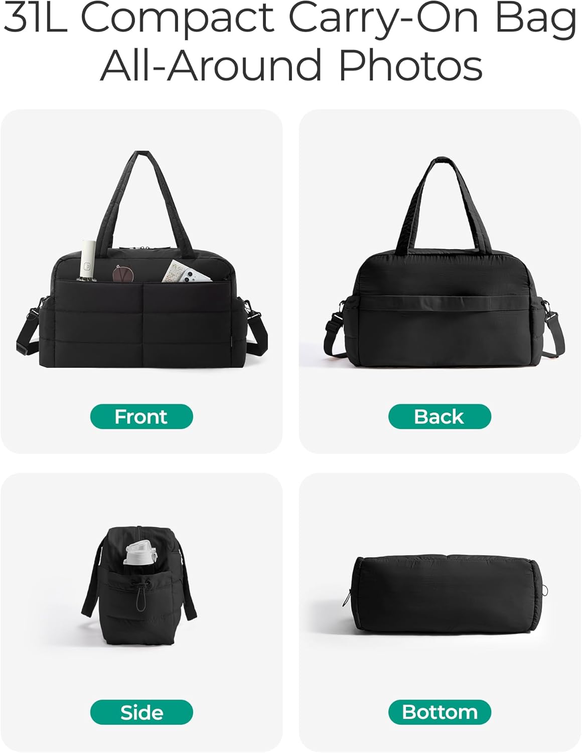 Gym Bag for Women, Lightweight Puffer Duffle Bag 2-PC Travel Bag, 31L Weekender Overnight Bag Quilted Carry On Tote Bag, Diaper Hospital Dance bag for Travel, Gym, Water Resistant, Black - Image 5