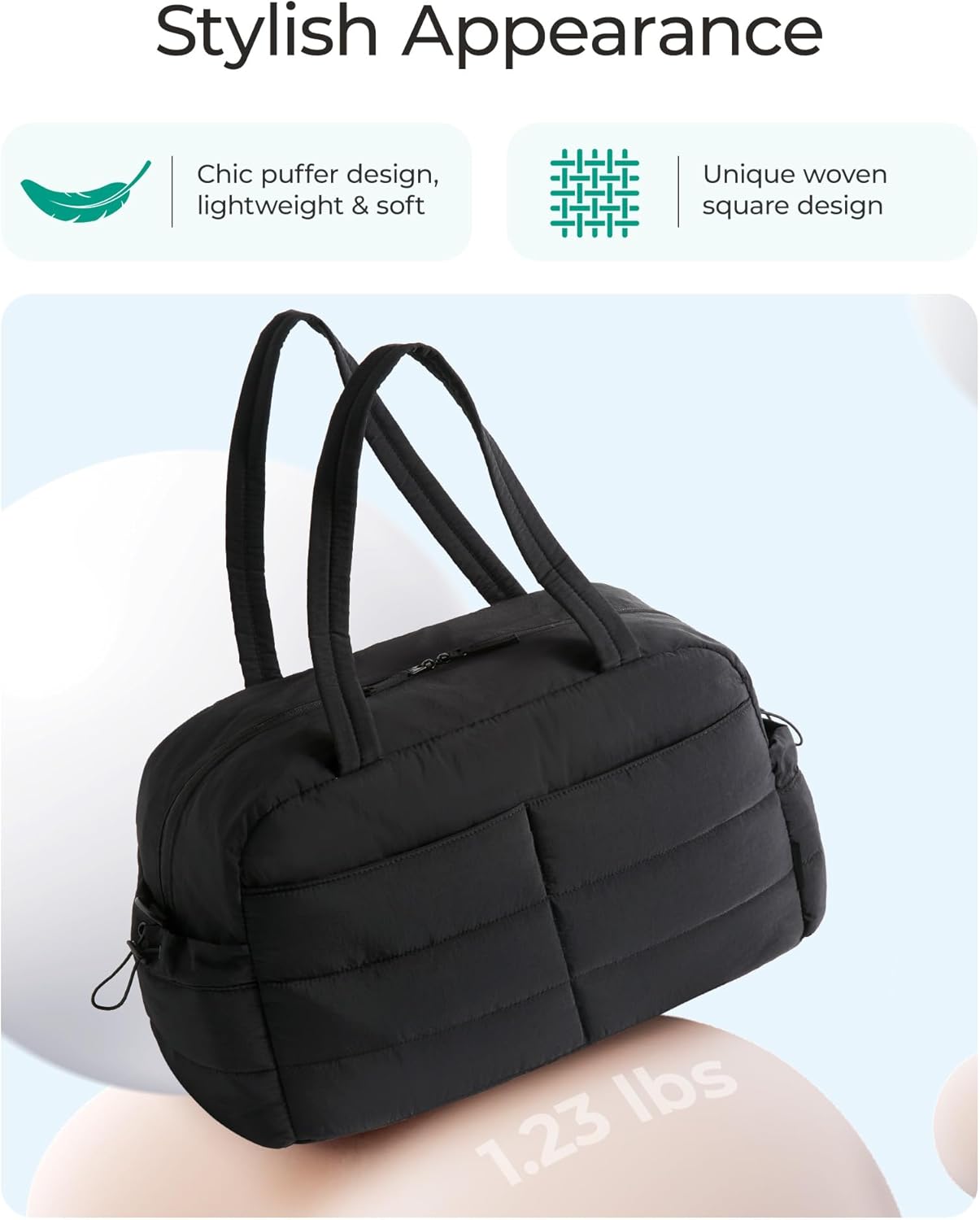 Gym Bag for Women, Lightweight Puffer Duffle Bag 2-PC Travel Bag, 31L Weekender Overnight Bag Quilted Carry On Tote Bag, Diaper Hospital Dance bag for Travel, Gym, Water Resistant, Black - Image 7