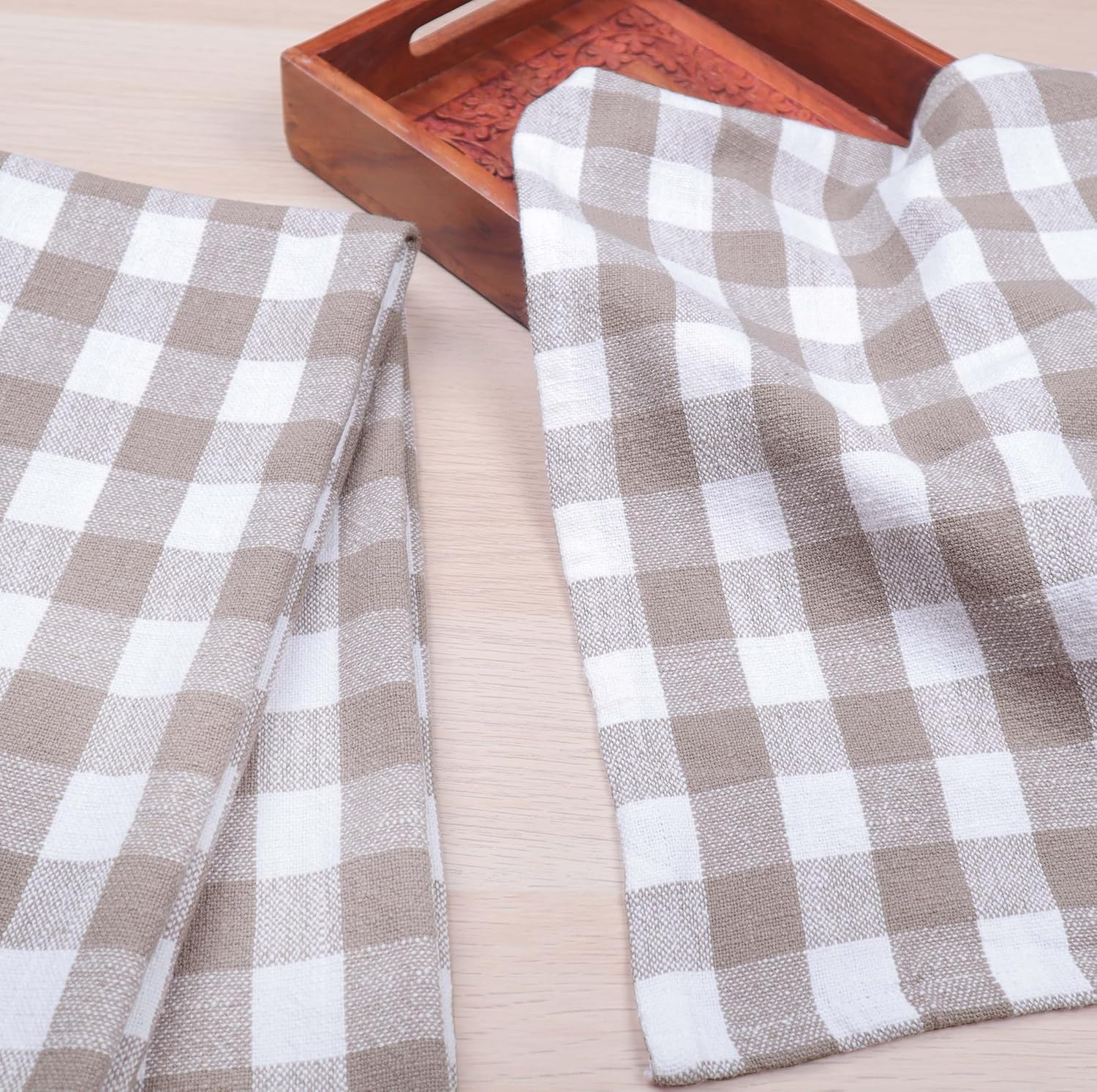 AMOUR INFINI Kitchen Towels Set of 4 Buffalo Checks Beige/White Kitchen Towels 28x20 Inches 100% Cotton Highly Absorbent Kitchen Towels Premium Quality Ultra Soft Mitered Corners KitchenTowels - Image 5